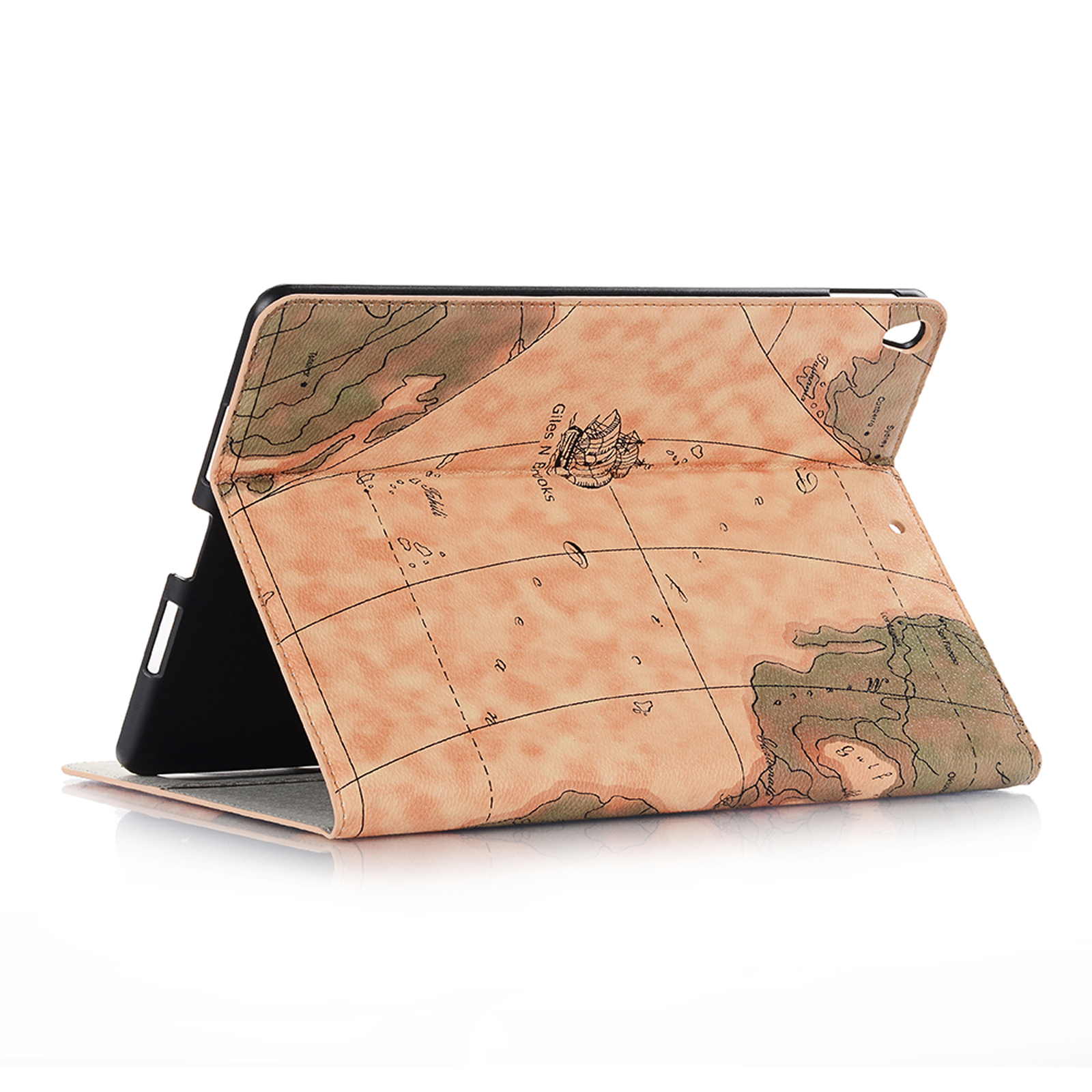 Ein Tablet mit einer Weltkarten-Design-Hülle, geöffnet, um den Bildschirm anzuzeigen.
