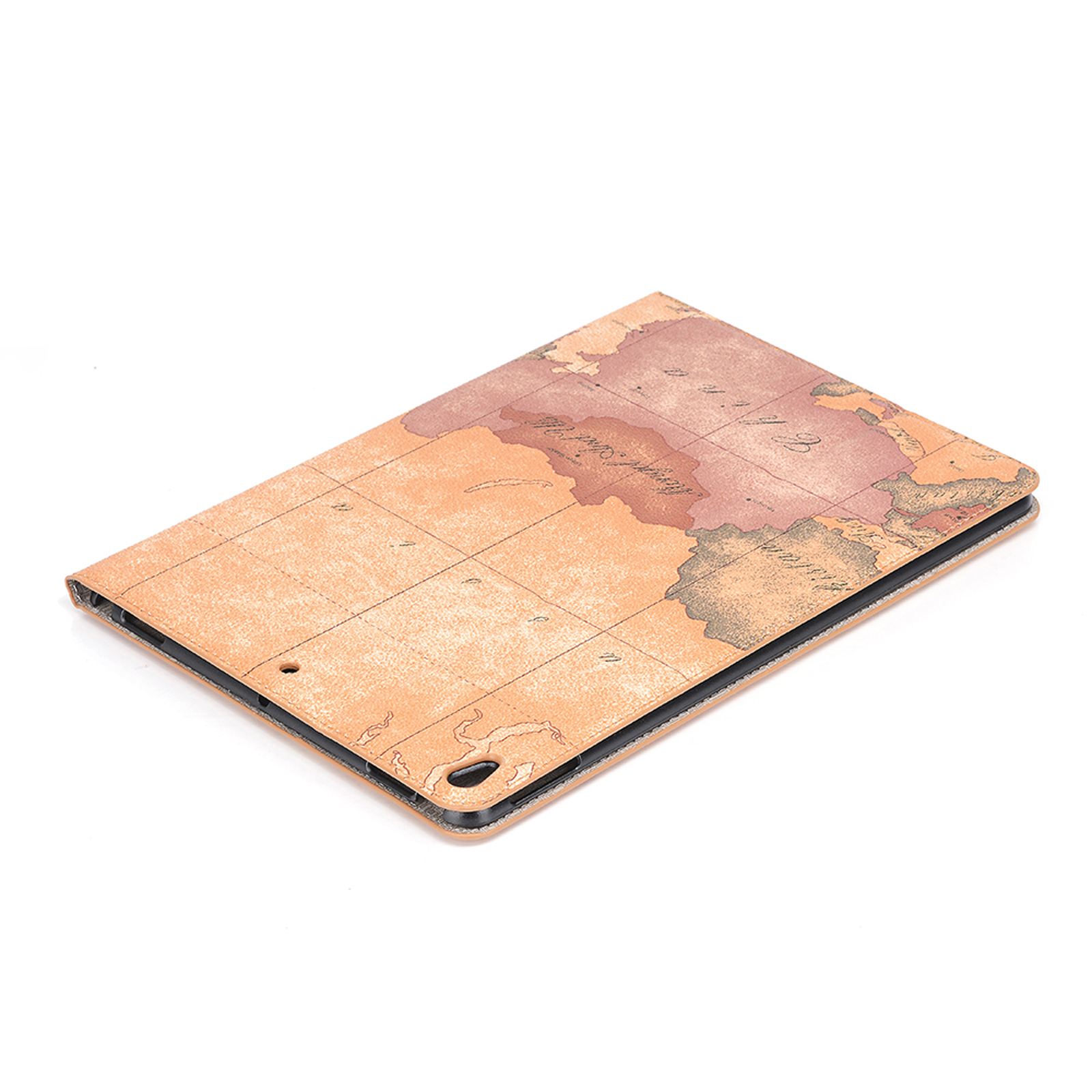 Tablethülle mit Weltkartendesign, leicht geöffnet, auf weißem Hintergrund.