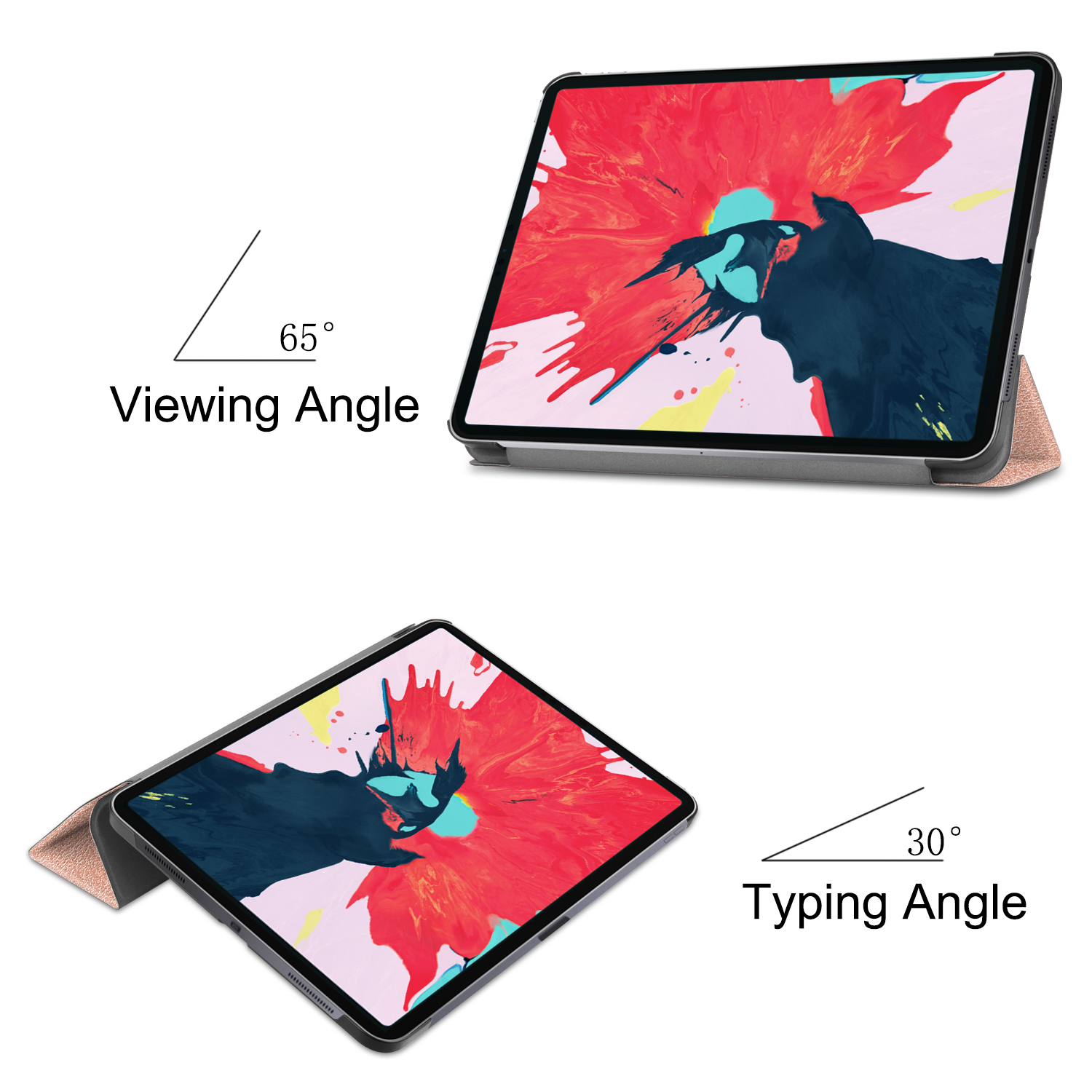 Zwei Tablets mit verschiedenen Winkeln. Eines zeigt einen Betrachtungswinkel von 65°, das andere einen Tippwinkel von 30°.