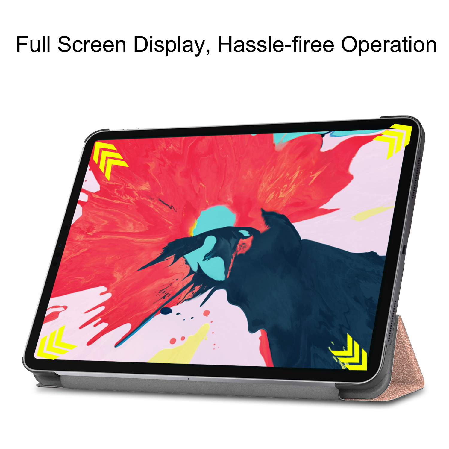 Tablet auf einer roségoldenen Hülle. Der Tablet-Bildschirm zeigt eine Oberfläche. Pfeile sind auf dem Bildschirm.