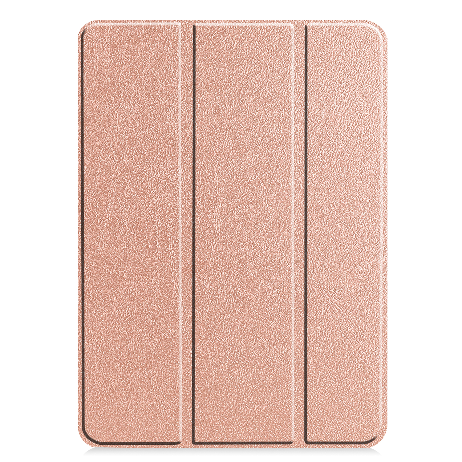 Eine geschlossene roségoldene Tablet-Hülle mit drei Paneelen.
