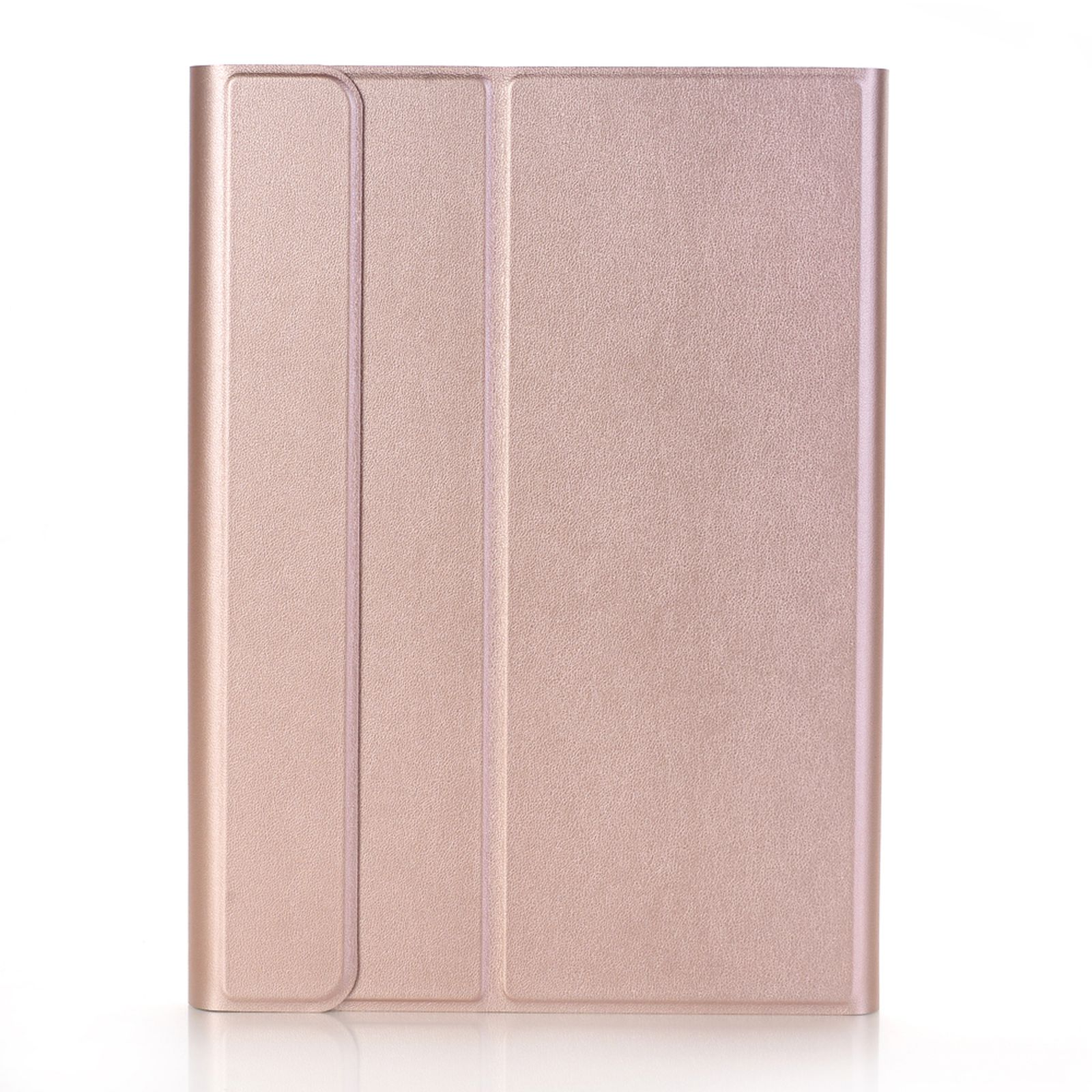 Roségoldfarbene Tablethülle. Geschlossen mit Magnetklappe. Reflektierende Oberfläche.