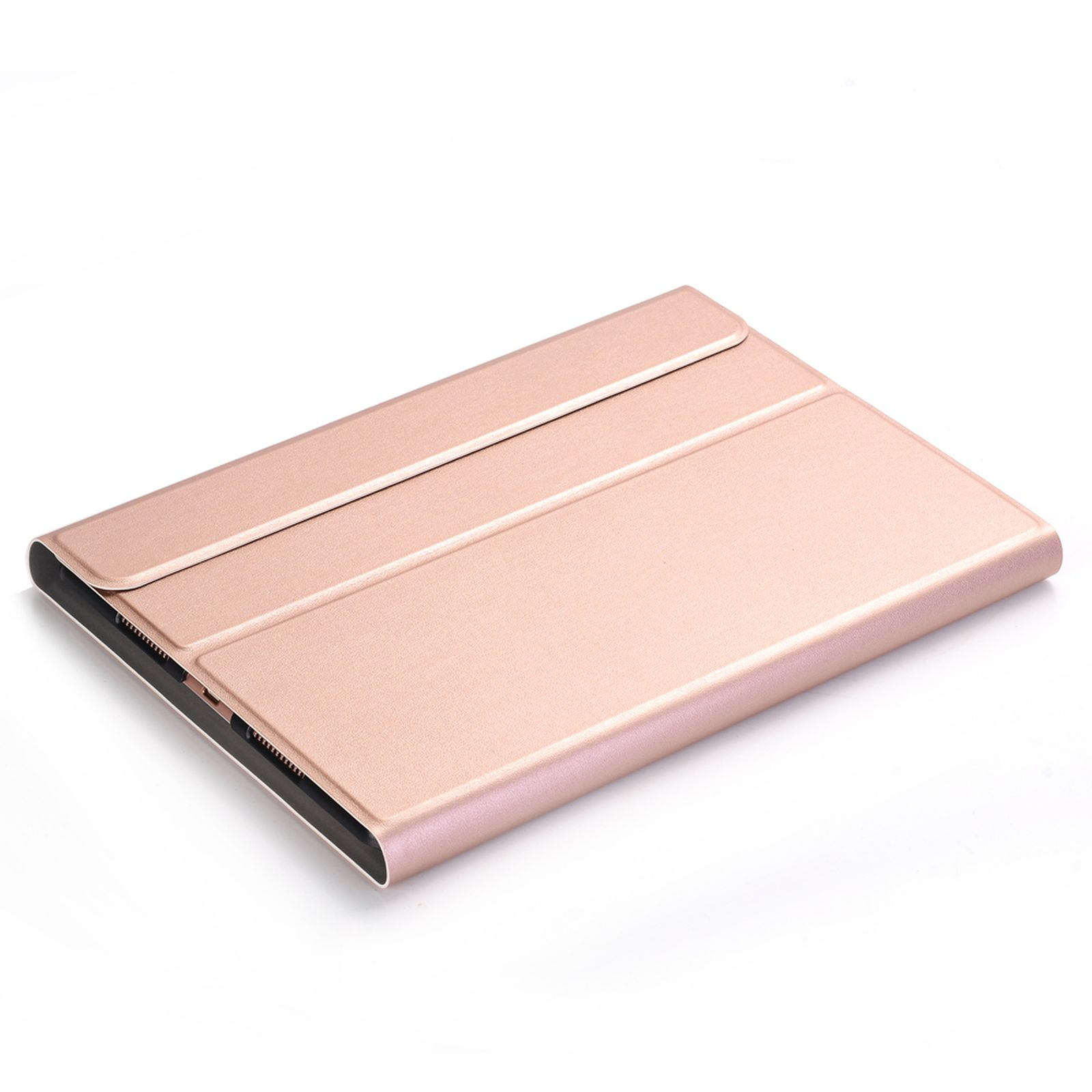 Roségoldene Tablet-Hülle, geschlossen. Reflektierende Oberfläche. Weißer Hintergrund.