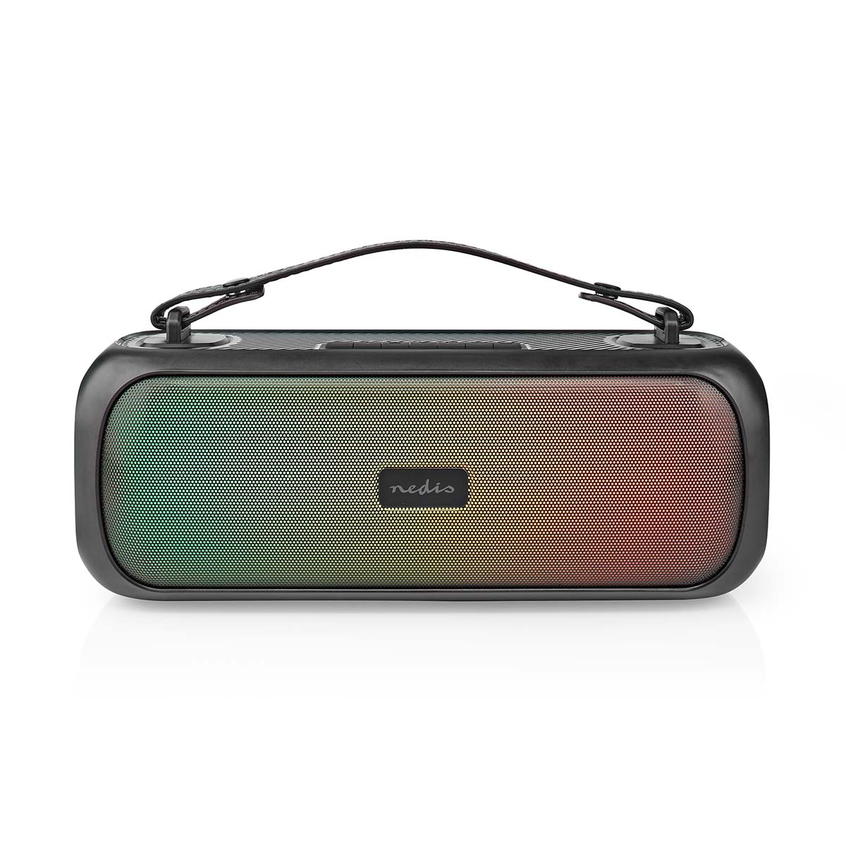 Altoparlante portatile nero con maniglia e luci arcobaleno su sfondo bianco.
