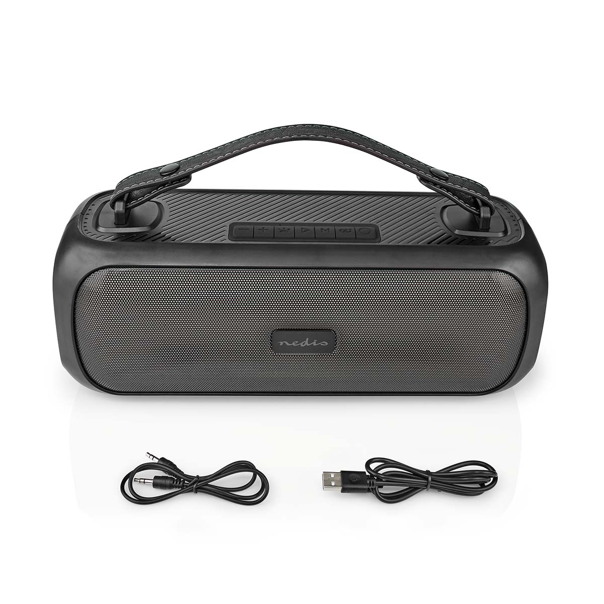 Altoparlante portatile nero e argento, con accessori per cavi e cavi.