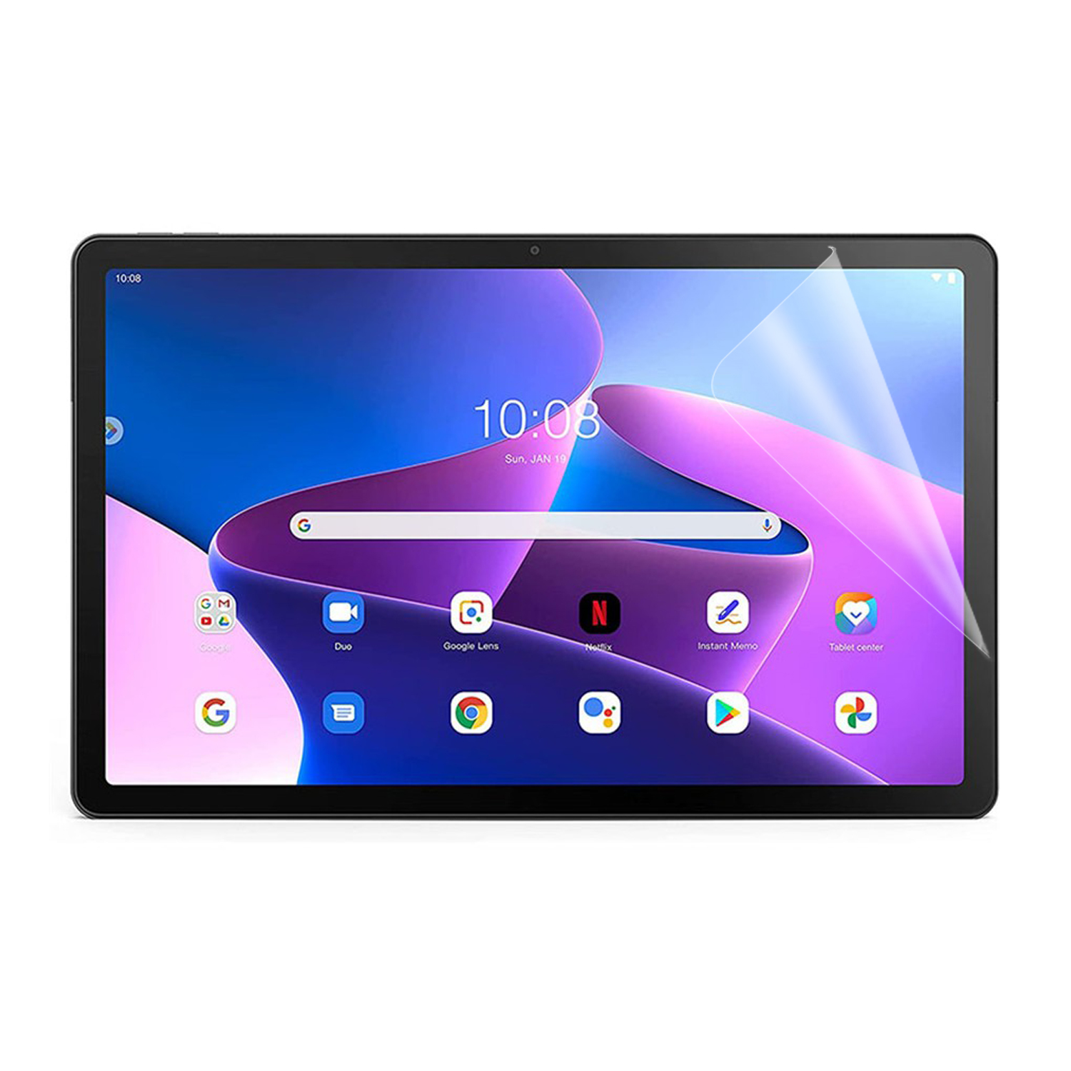 Un tablet che mostra un'interfaccia. Lo schermo ha uno sfondo blu e viola. Sta mostrando le app.