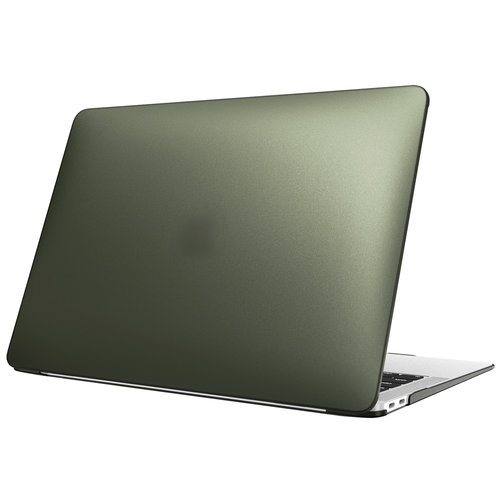 Grüne Laptop-Hülle auf weißem Hintergrund, Rückseite des Laptops mit silberner Tastatur.