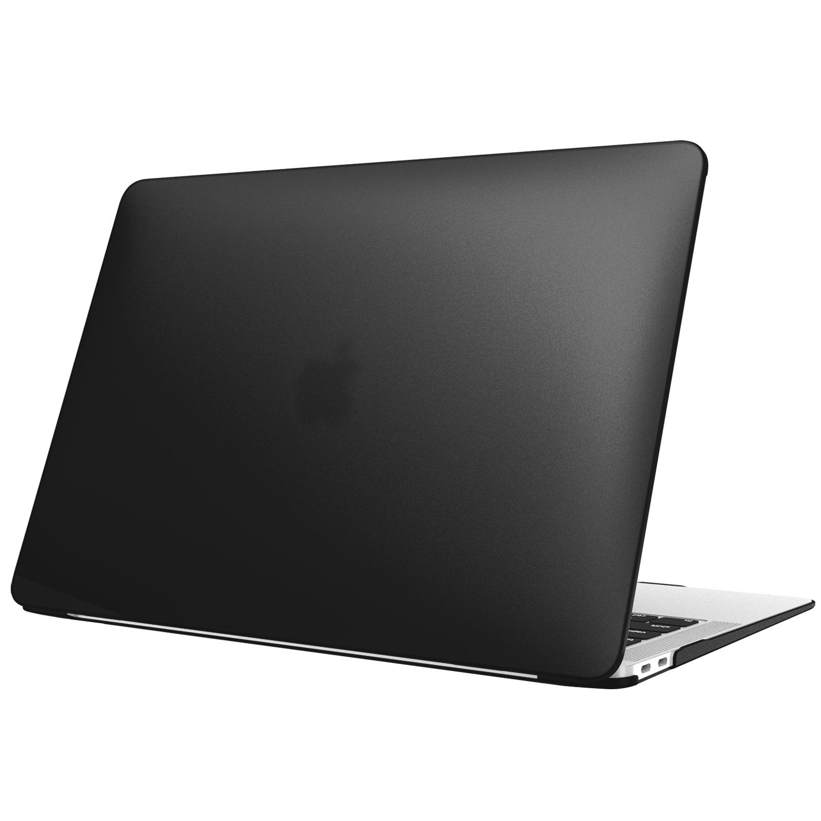 Eine schwarze Laptop-Hülle mit silbernem Apfel-Logo auf weißem Hintergrund.