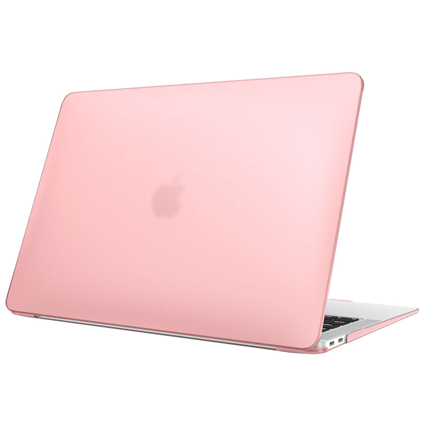 Eine rosa Laptop-Hülle mit Apple-Logo auf weißem Hintergrund. Die Hülle ist geschlossen.