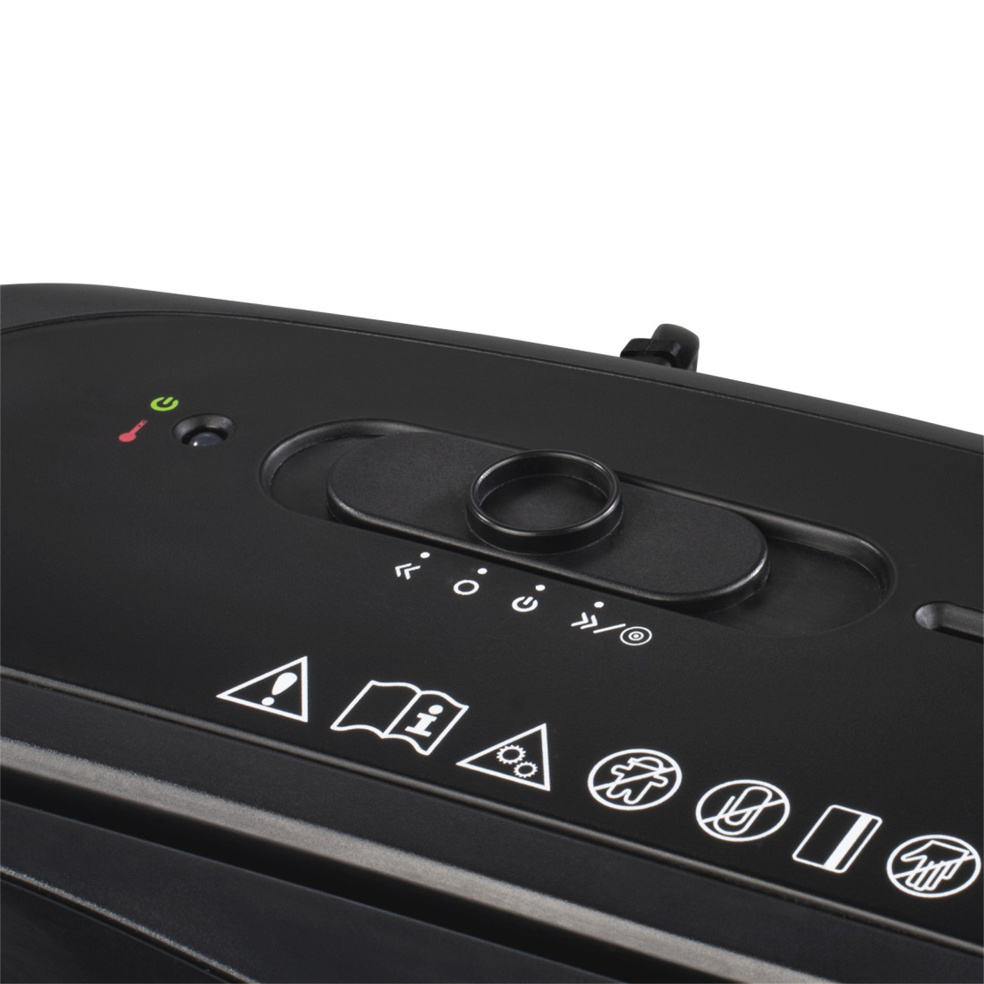 Czarna niszczarka do papieru z panelem sterowania i różnymi ikonami. Jest włączona.