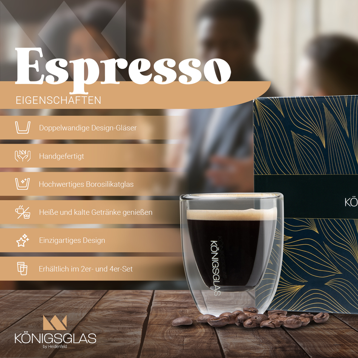 Espresso im Glas, mit Text und einer Schachtel Kaffeebohnen.