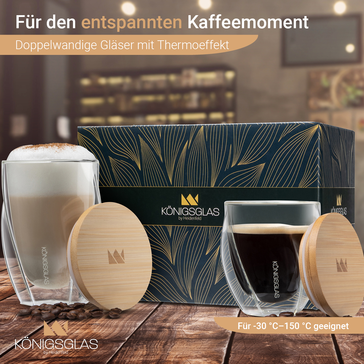 Kaffeegläser mit Deckeln, Kaffeebohnen. Box mit Text und Logo.