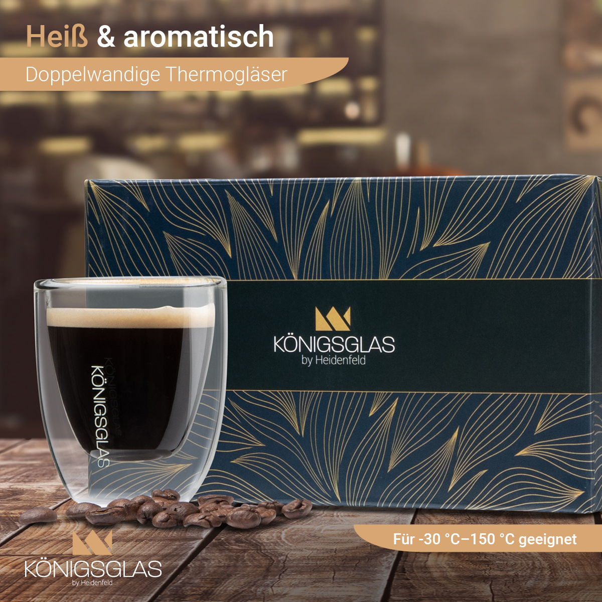 Kaffee in einem Glas mit einer Schachtel. Text: 'Heiß & aromatisch' und 'Doppelwandige Thermogläser'.