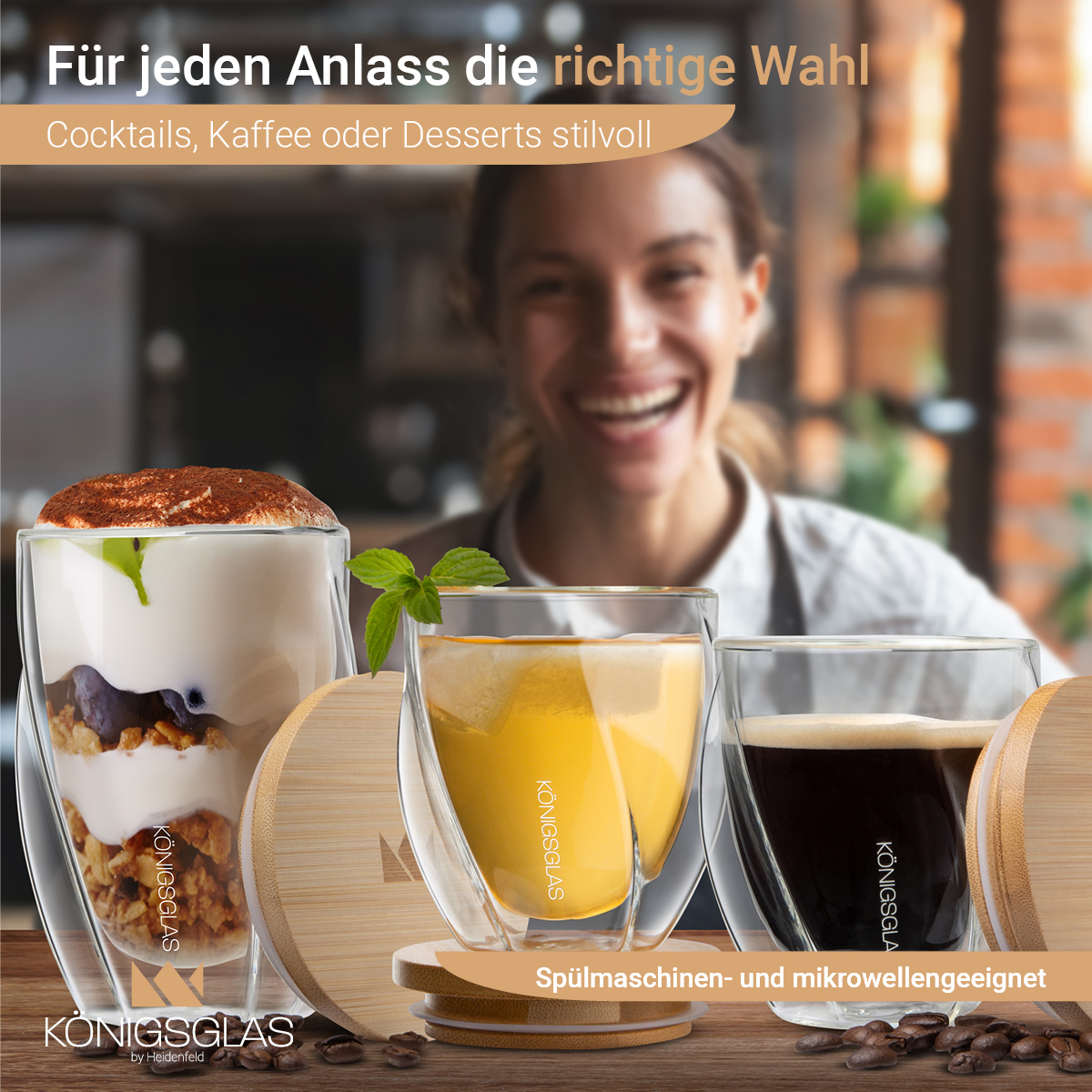 Drei Gläser Getränke mit einer Frau im Hintergrund. Essen auf dem Tisch.