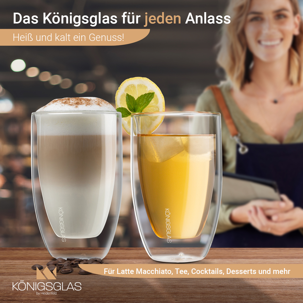 Zwei Gläser mit Getränken, eins mit Schaum und eins mit Eis und Zitronenscheibe.