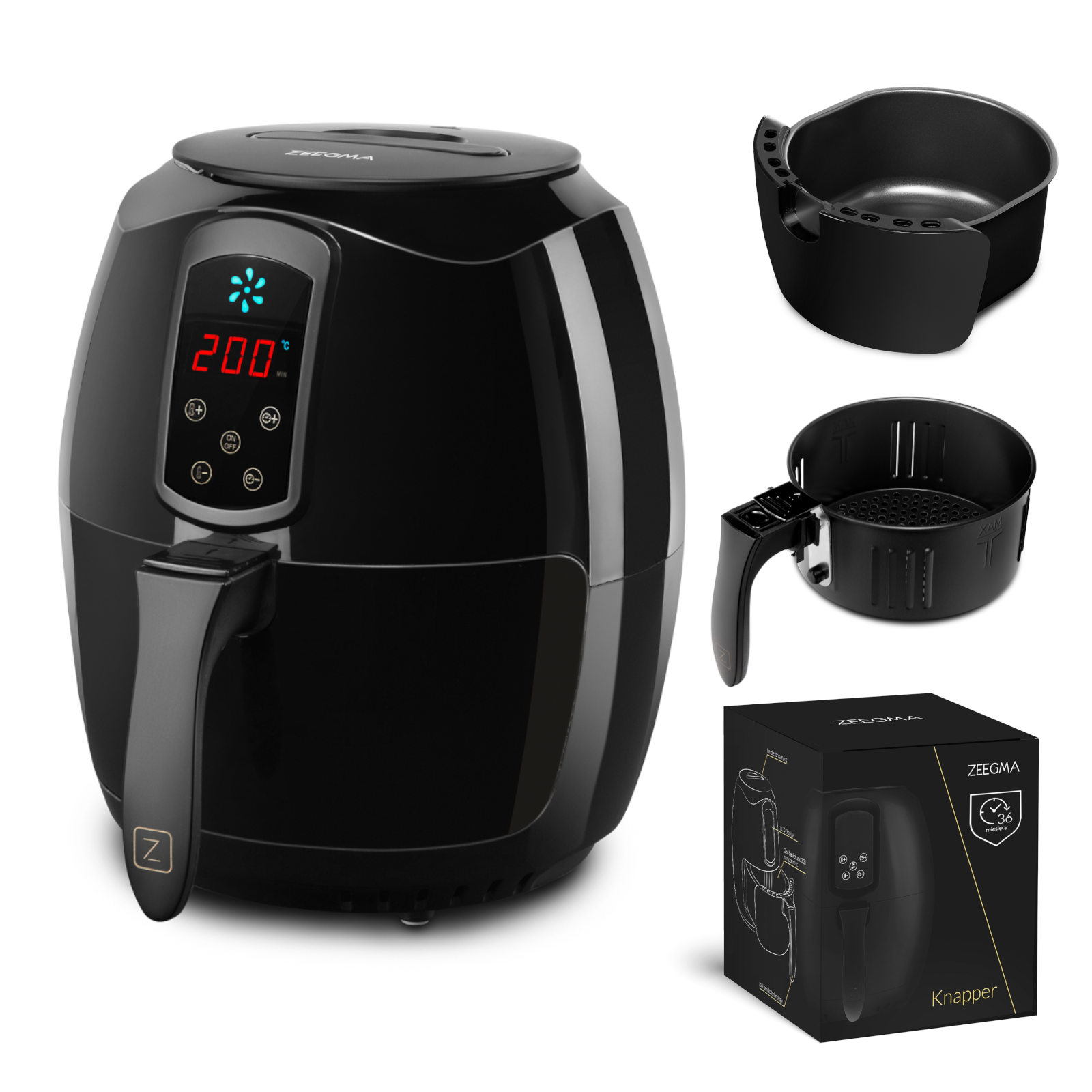 Czarna frytownica powietrzna z wyświetlaczem, tacą, koszem i pudełkiem z nazwą ZeeGma. Model Knapper z wyświetlaczem cyfrowym.