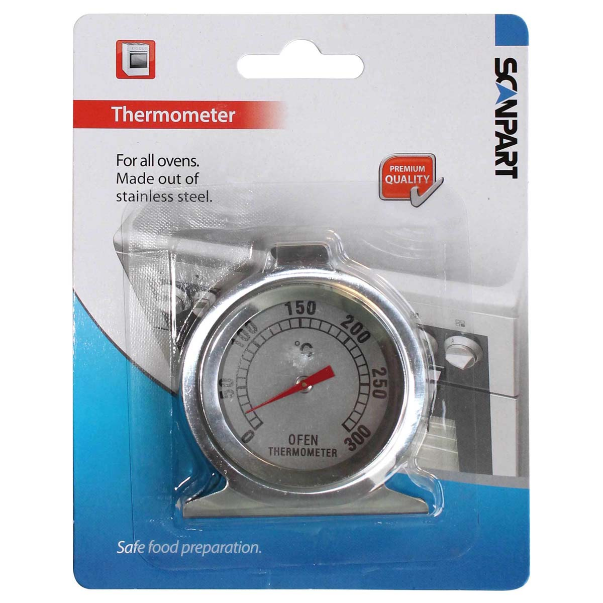 Backofenthermometer in einer Verpackung. Es zeigt 150 Grad an. Weißer Hintergrund.