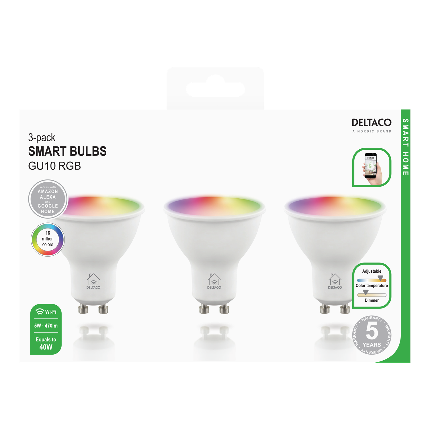 smart Spot GU10 DELTACO Smarter HOME warmweiß, SMART Glühbirne RGB