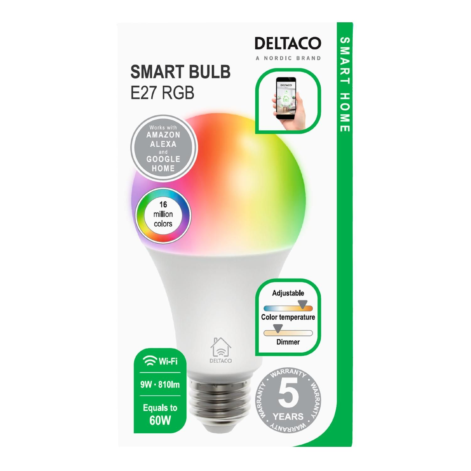 DELTACO SMART HOME Smarte RGB E27 LED RGB Glühbirne Birne smart warmweiß