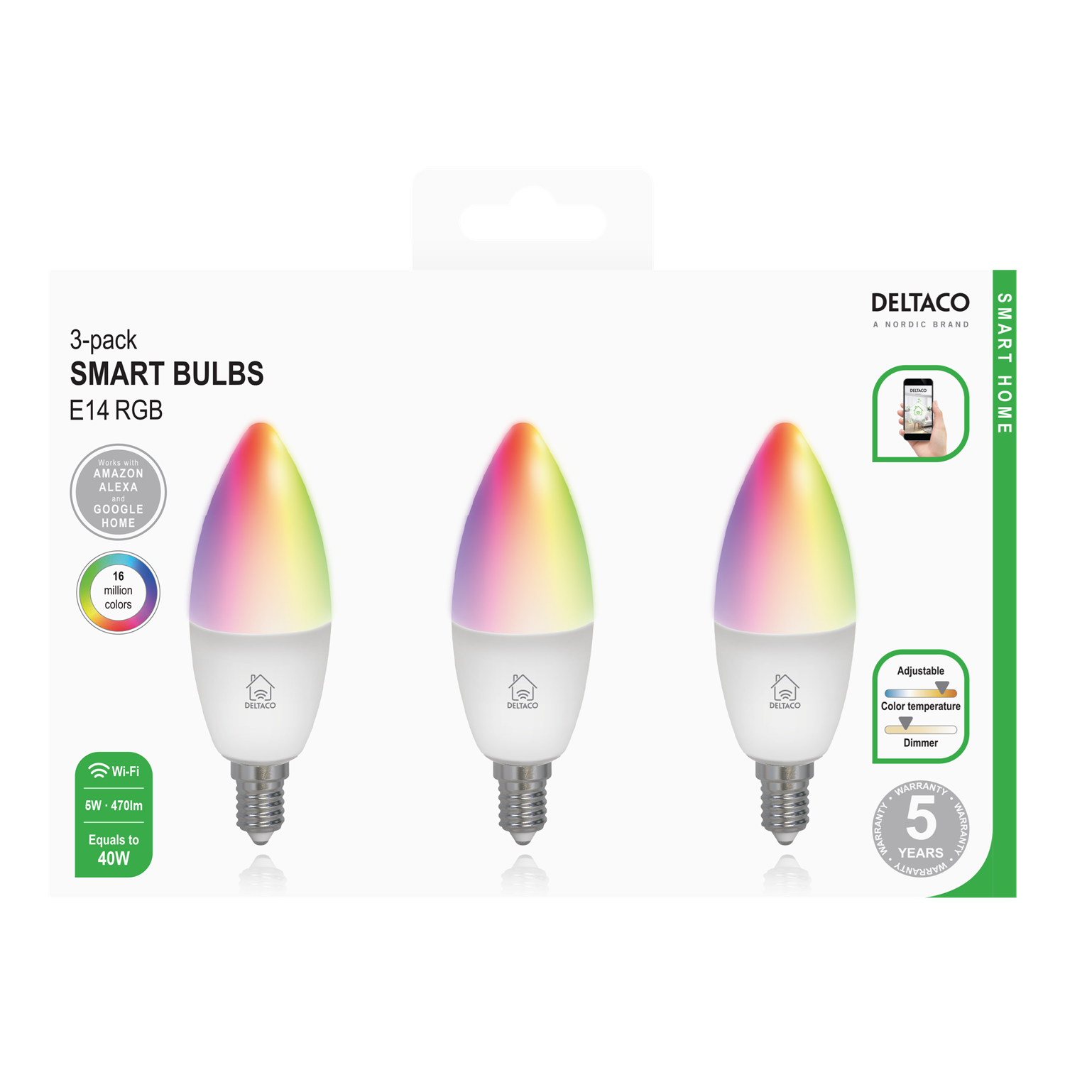 RGB Glühbirne DELTACO HOME smart RGB warmweiß, SMART Kerze LED E14 Smarte