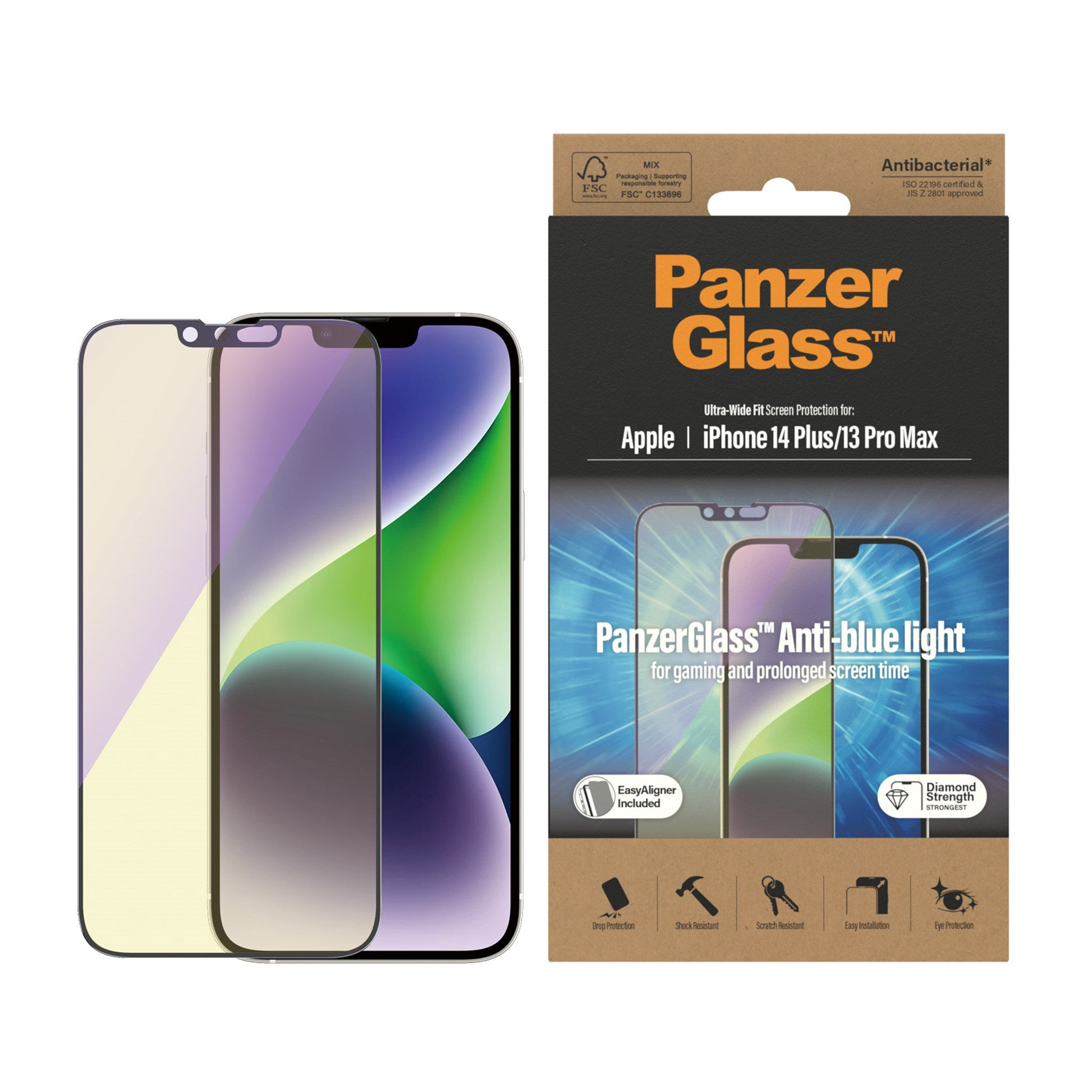 PanzerGlass Displayschutzfolien für iPhone. Enthält zwei Folien und eine Produktbox.