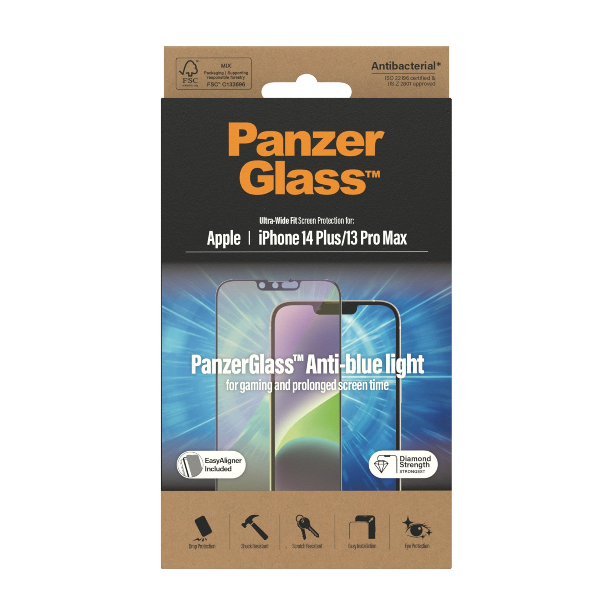 Schachtel mit PanzerGlass Displayschutzfolie für iPhone. Text und Bilder.