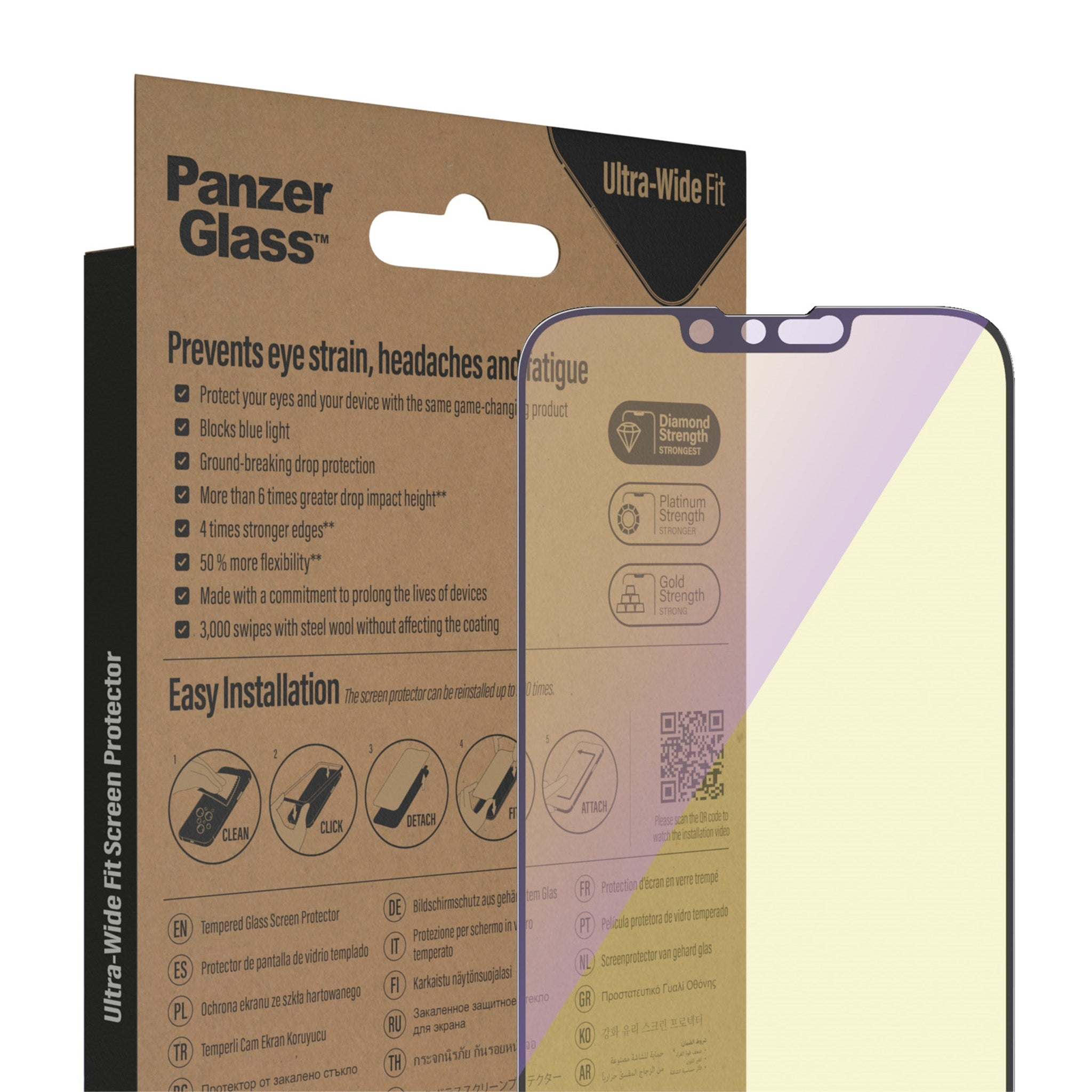 Verpackung eines Displayschutzglases mit Produktdetails und einem angebrachten Displayschutz.