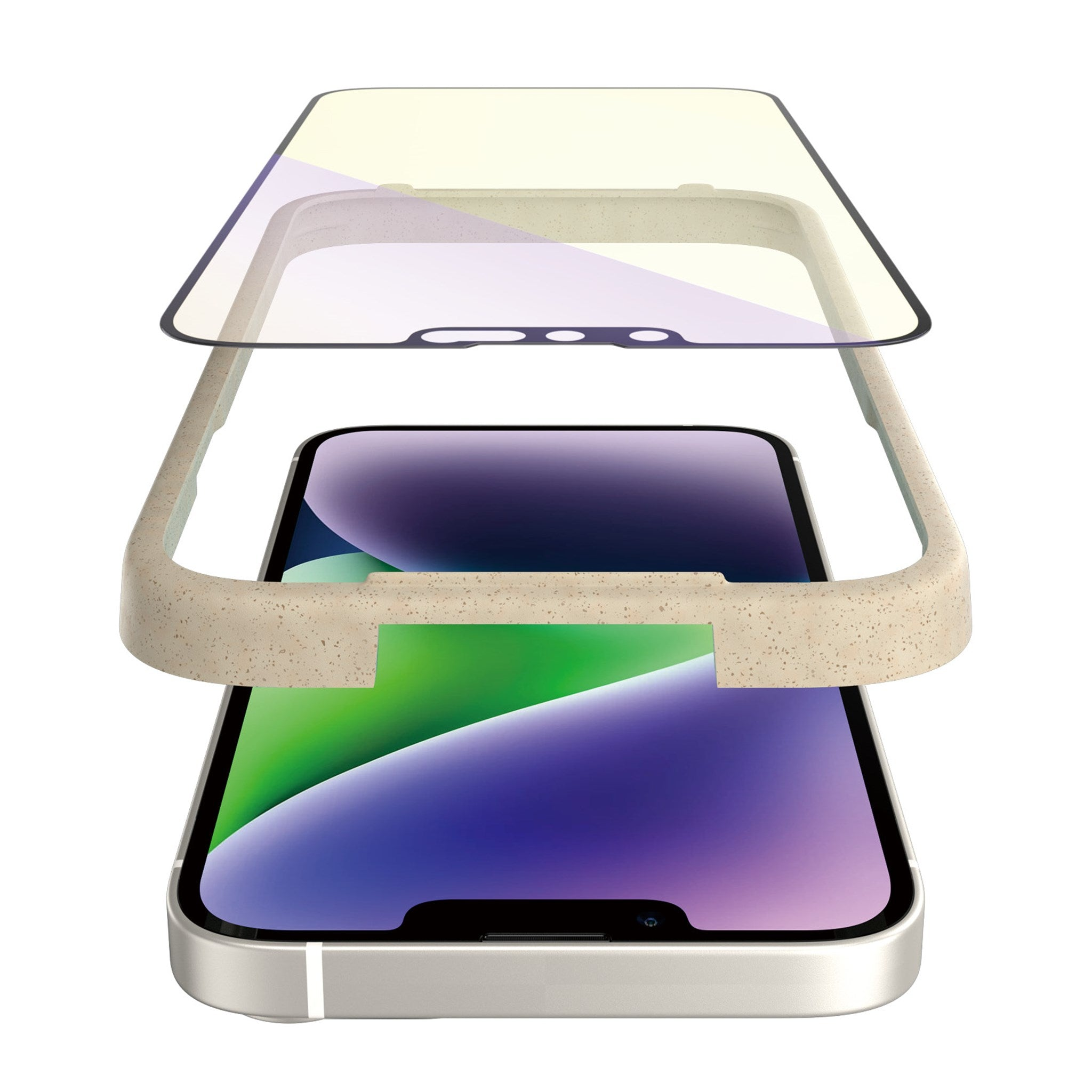 Telefon mit Displayschutz und Hülle, cremefarbener Farbe.