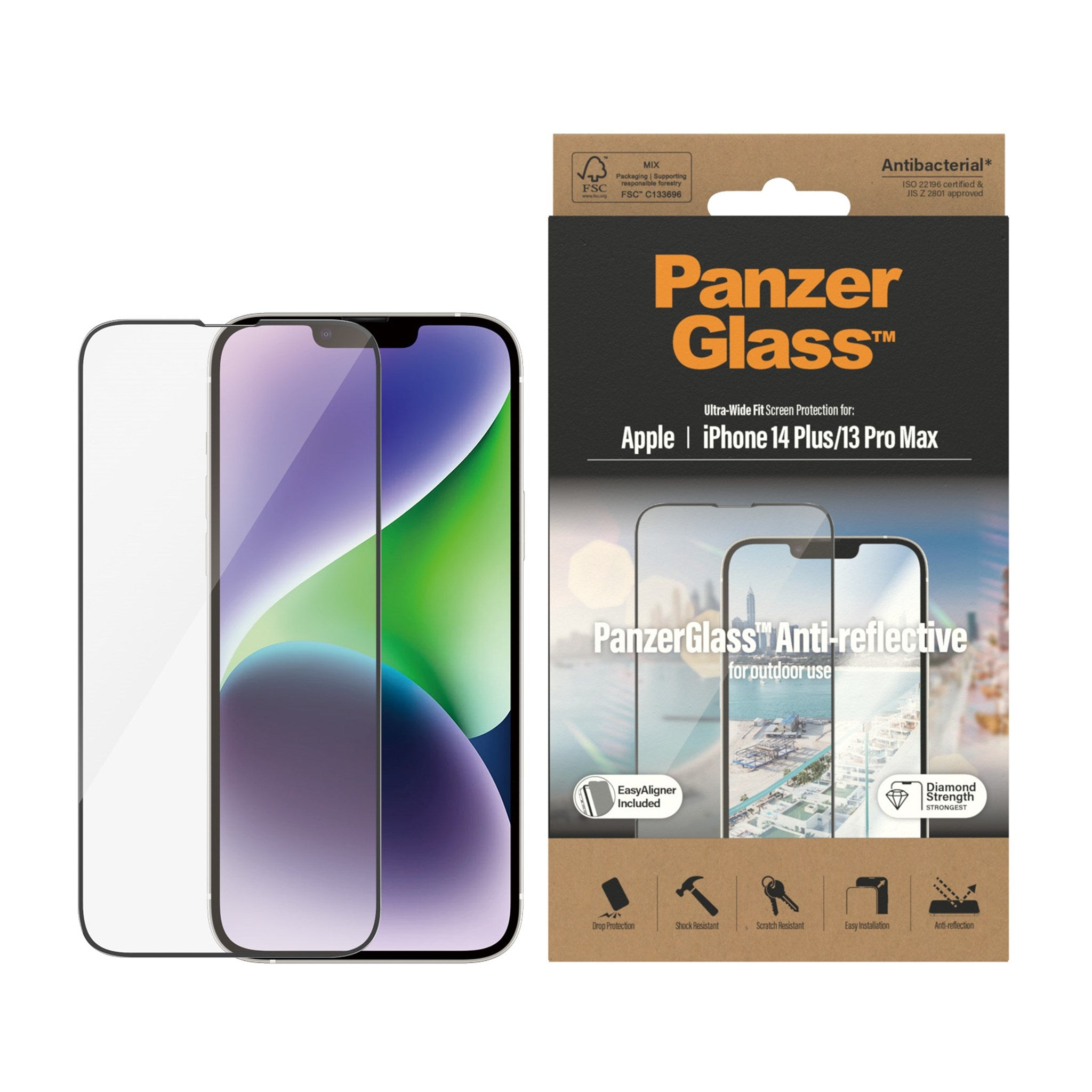 Pellicola protettiva per iPhone con scatola. La scatola ha testo e immagine del telefono. Sfondo bianco.