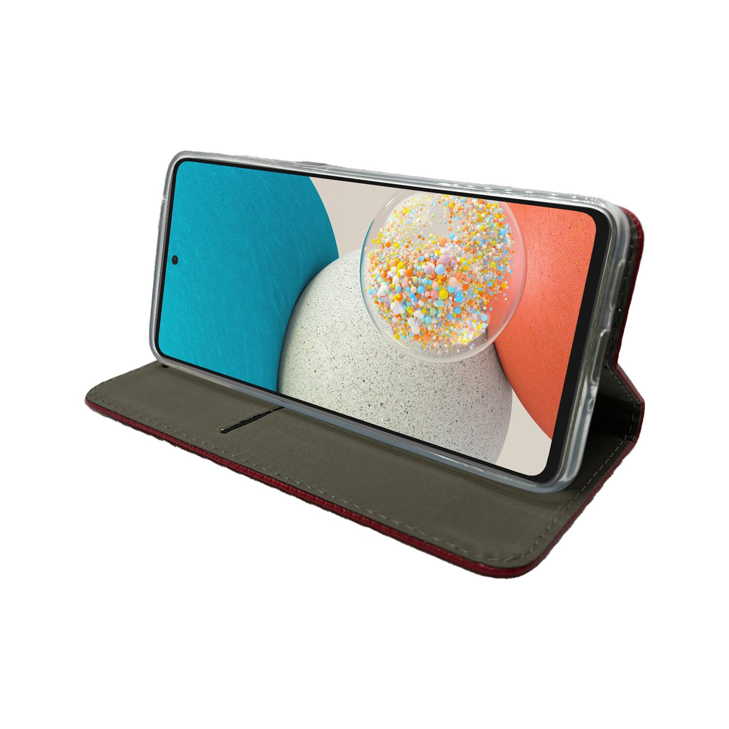 Telefon in Hülle, Bildschirm mit farbenfrohem Design. Hülle ist rot mit Ständer.