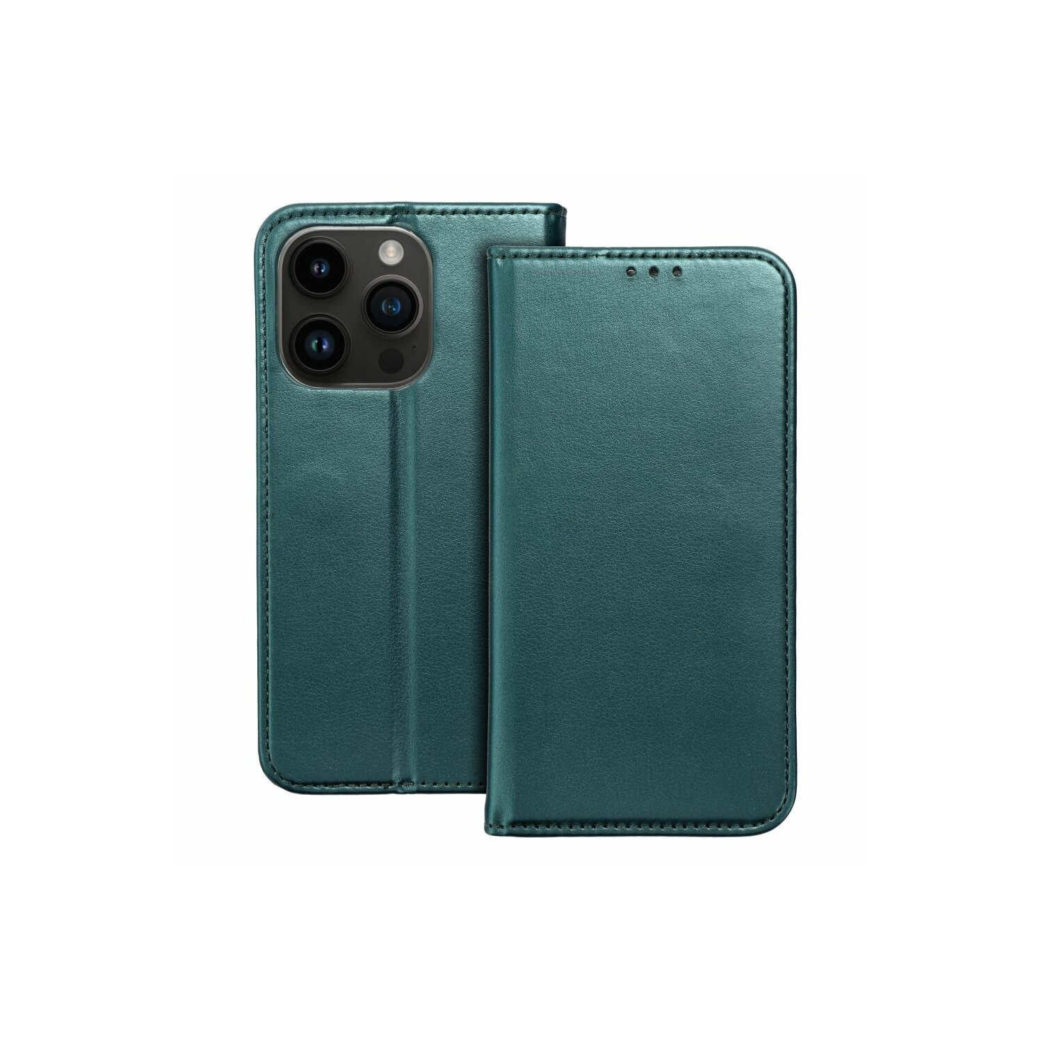 Grüne Handyhülle, geöffnet, um das Telefon zu zeigen, auf weißer Oberfläche.