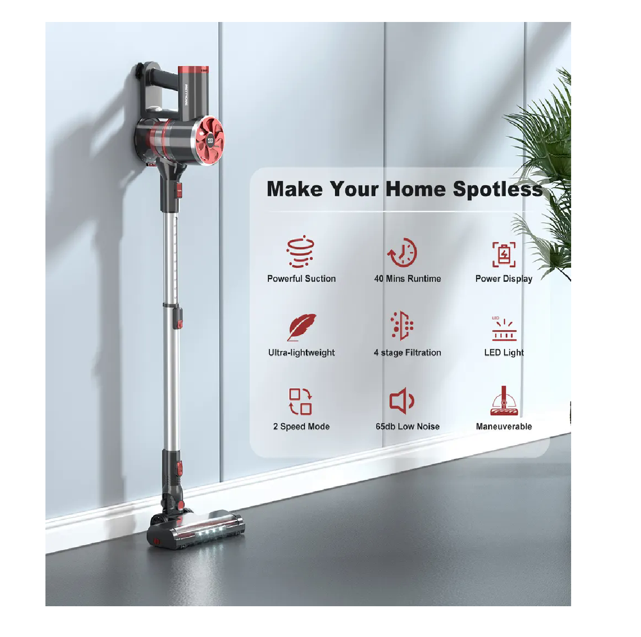 Kabelloser Staubsauger an der Wand; Text: 'Make Your Home Spotless'.