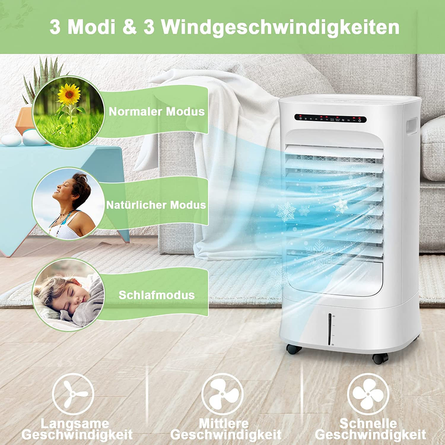Ein weißer Luftkühler mit drei Modi, der Bilder einer Blume, einer Frau und einer schlafenden Person zeigt.