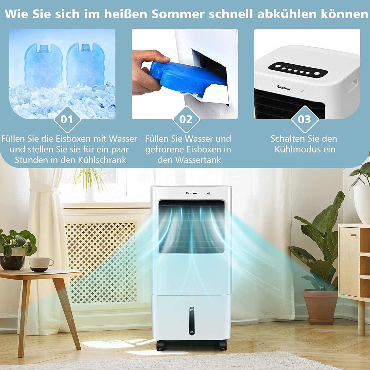 Ein weißer Luftkühler mit drei Schritten zum Abkühlen. Eispacks, Wasser und Kühlmodus-Aktivierung werden gezeigt.