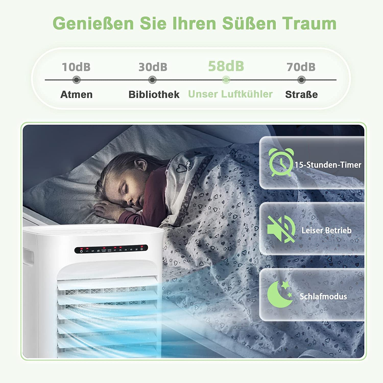 Ein schlafendes Kind, mit einem Luftkühler und Text über Schlafmodus und leisen Betrieb.