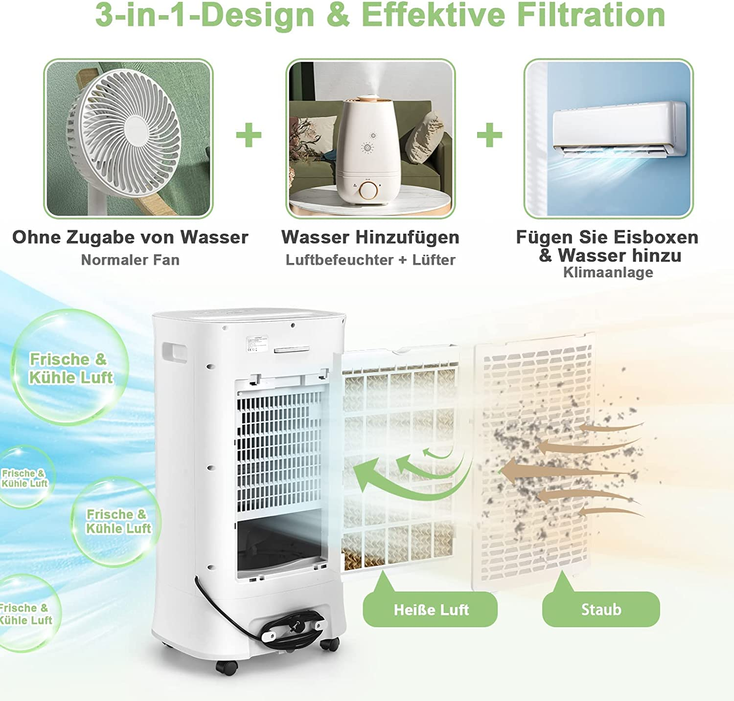 Luftkühler mit 3-in-1-Design, mit Ventilator, Luftbefeuchter und Klimaanlage.