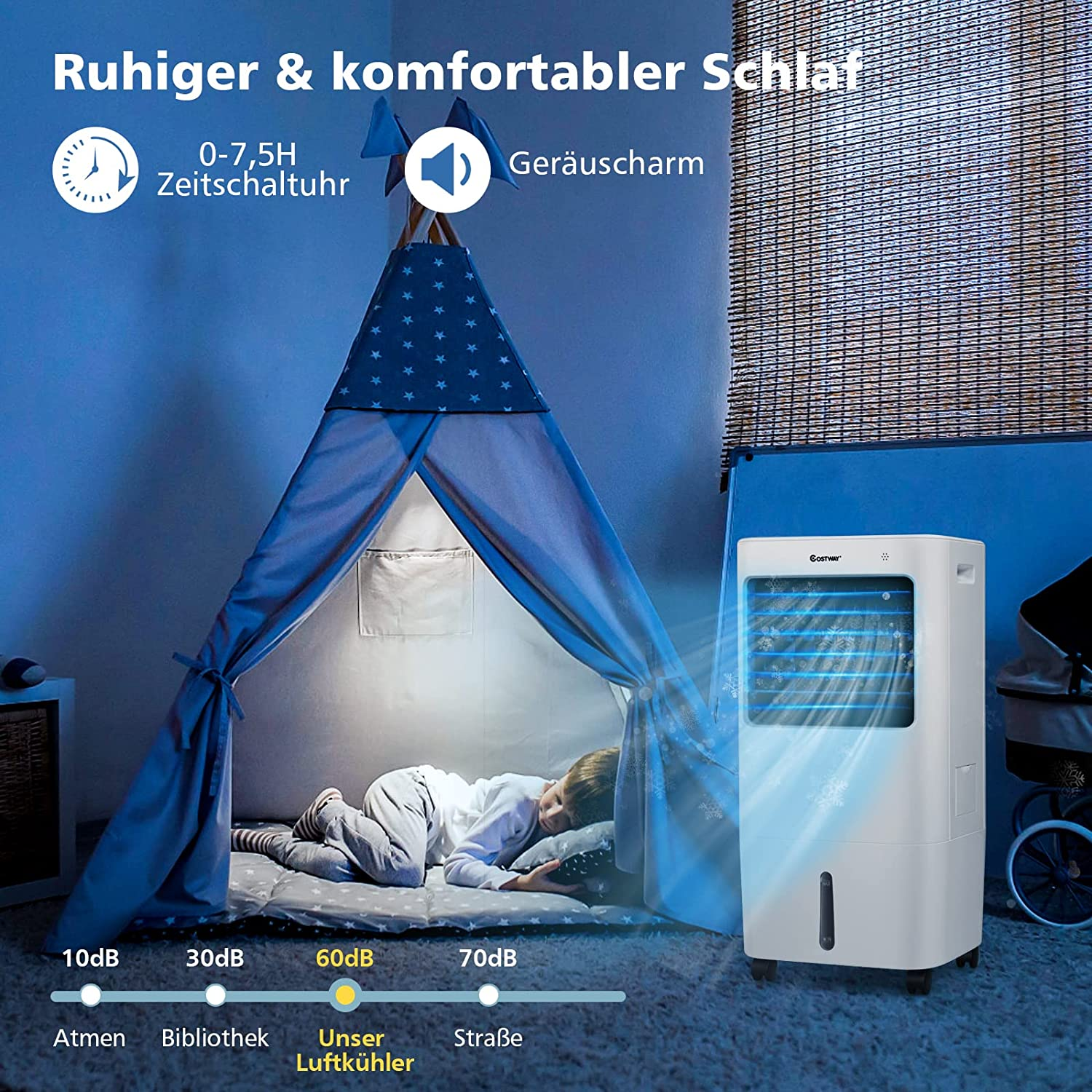 Junge schläft in einem Zelt, ein Kühler sorgt für Luft. Text: Ruhiger & komfortabler Schlaf. Geräuscharm.