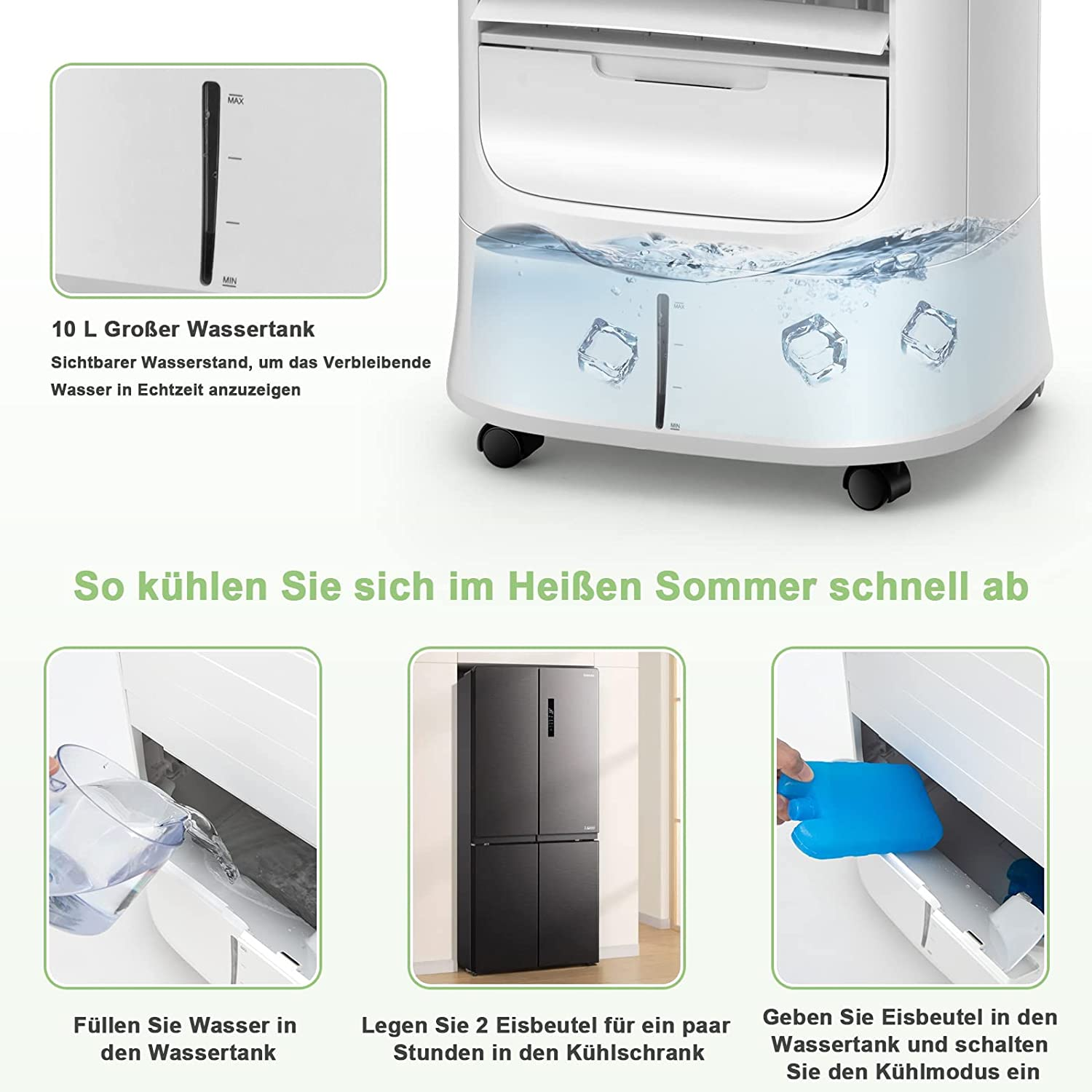 Weißer Luftkühler mit Wassertankdetail und Gebrauchsanweisung mit Kühlakkus.
