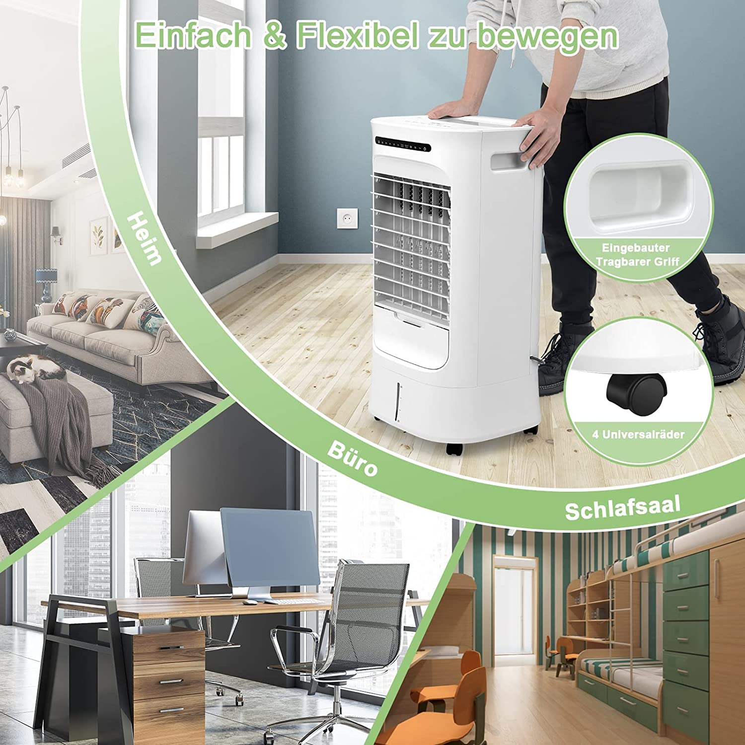 Weißer Luftkühler mit verschiedenen Szenen, darunter ein Raum, Büro und Schlafzimmer.