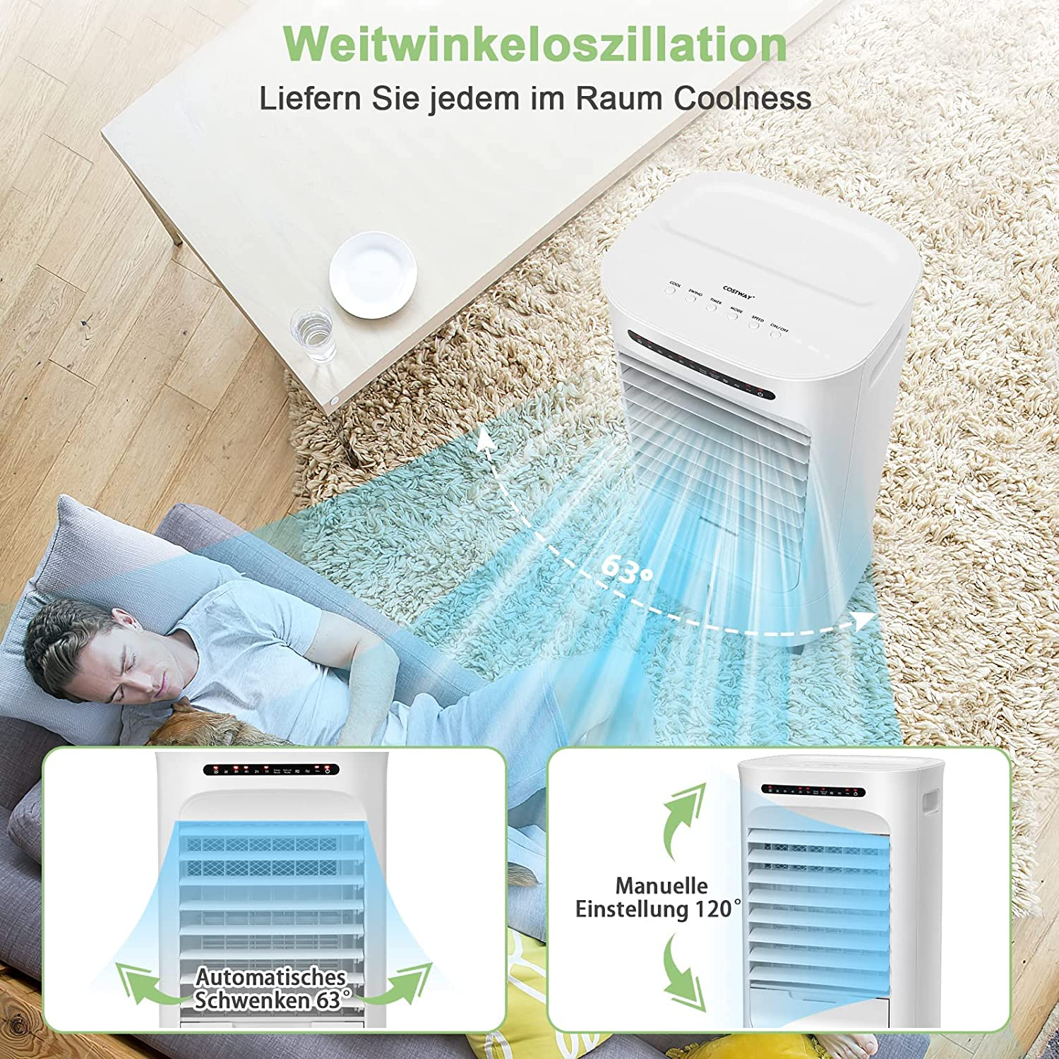 Person schläft auf Couch mit Luftkühler. Text: Automatisches Schwenken 63°.