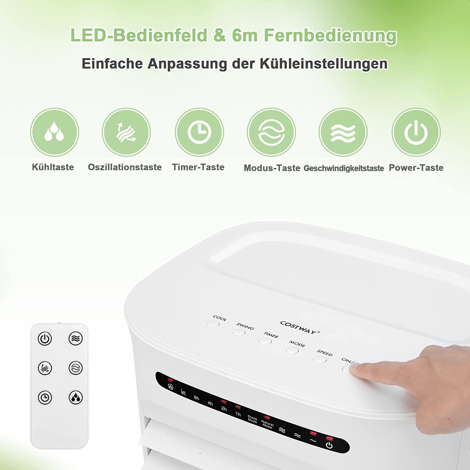 Weißer Ventilator mit Bedienfeld und Fernbedienung. Hand zeigt auf 'ON'-Taste.