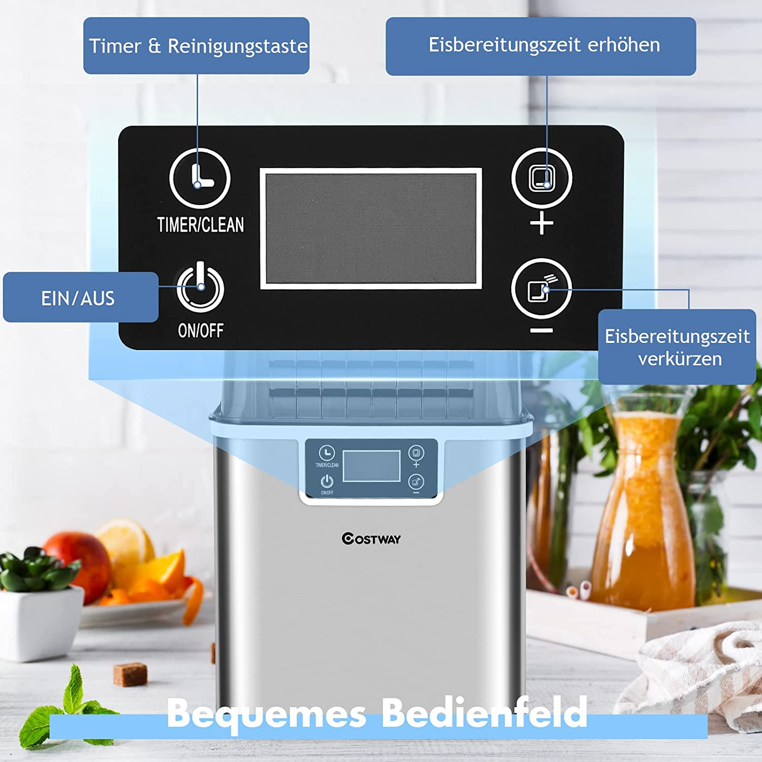 Eisbereiter mit Bedienfeld und Textbeschriftungen. Steht auf Holzoberfläche.