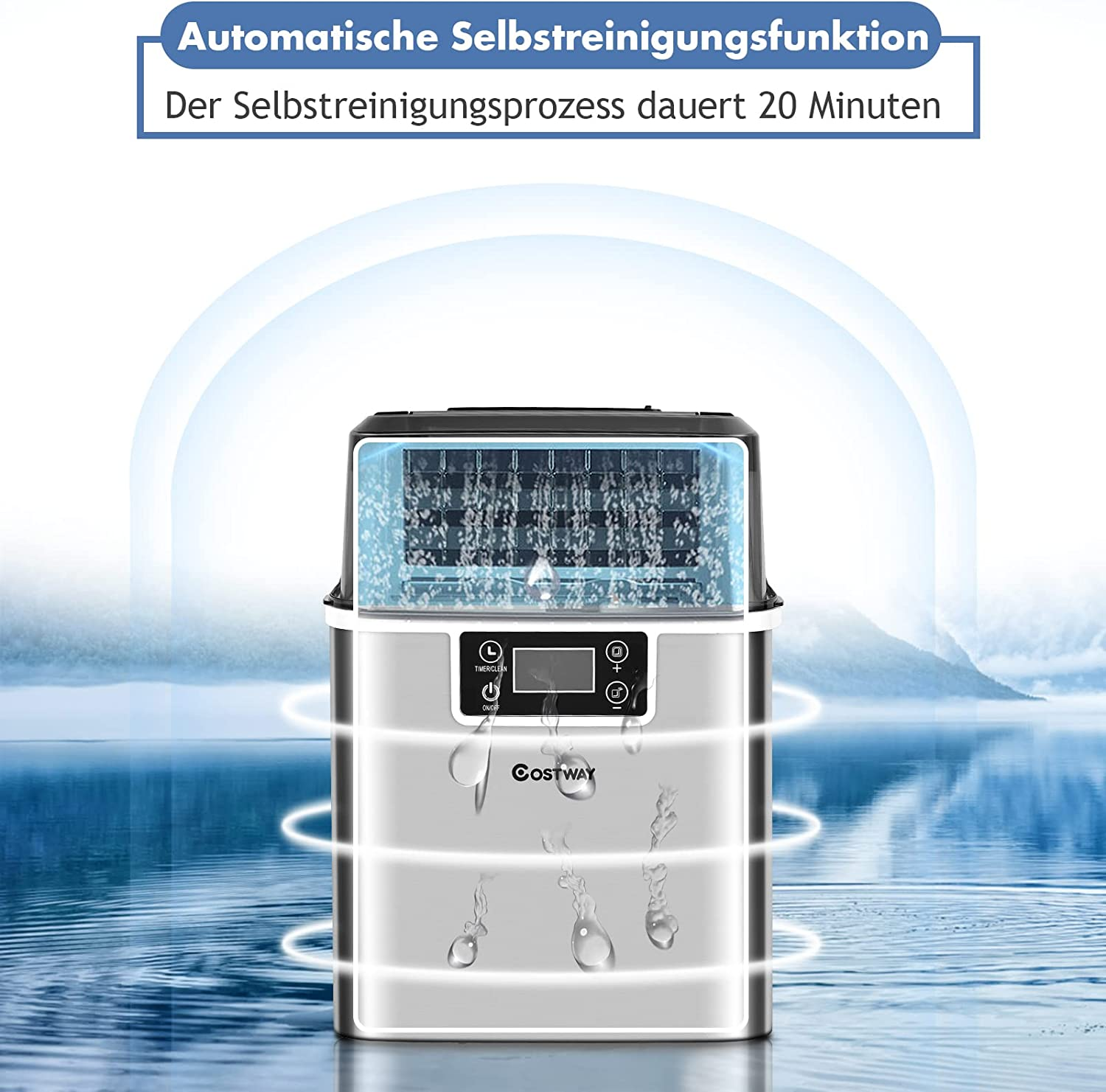Eismaschine mit Text auf Deutsch. Eismaschine, mit Wassertank und Bedienfeld.
