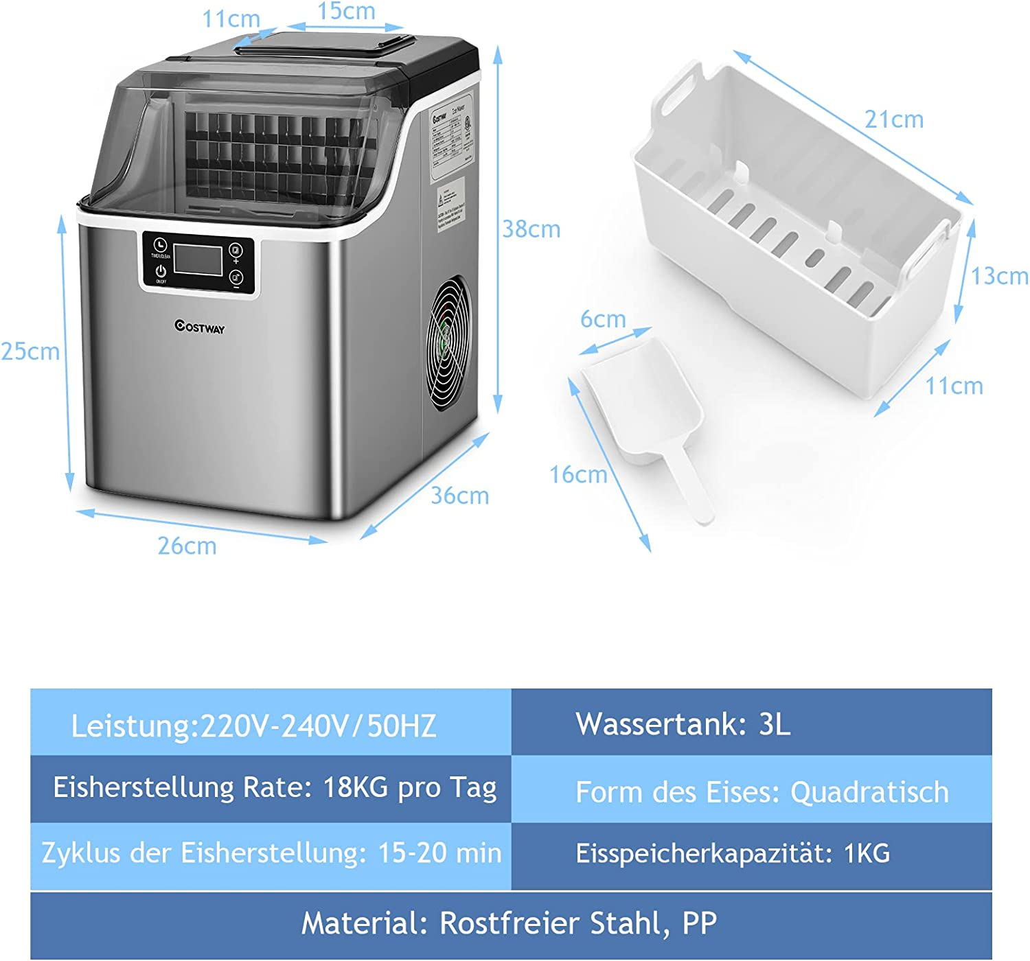 Silberner Eisbereiter mit beschrifteten Abmessungen. Enthält Eisschaufel und Eisbehälter. Weißer Hintergrund.