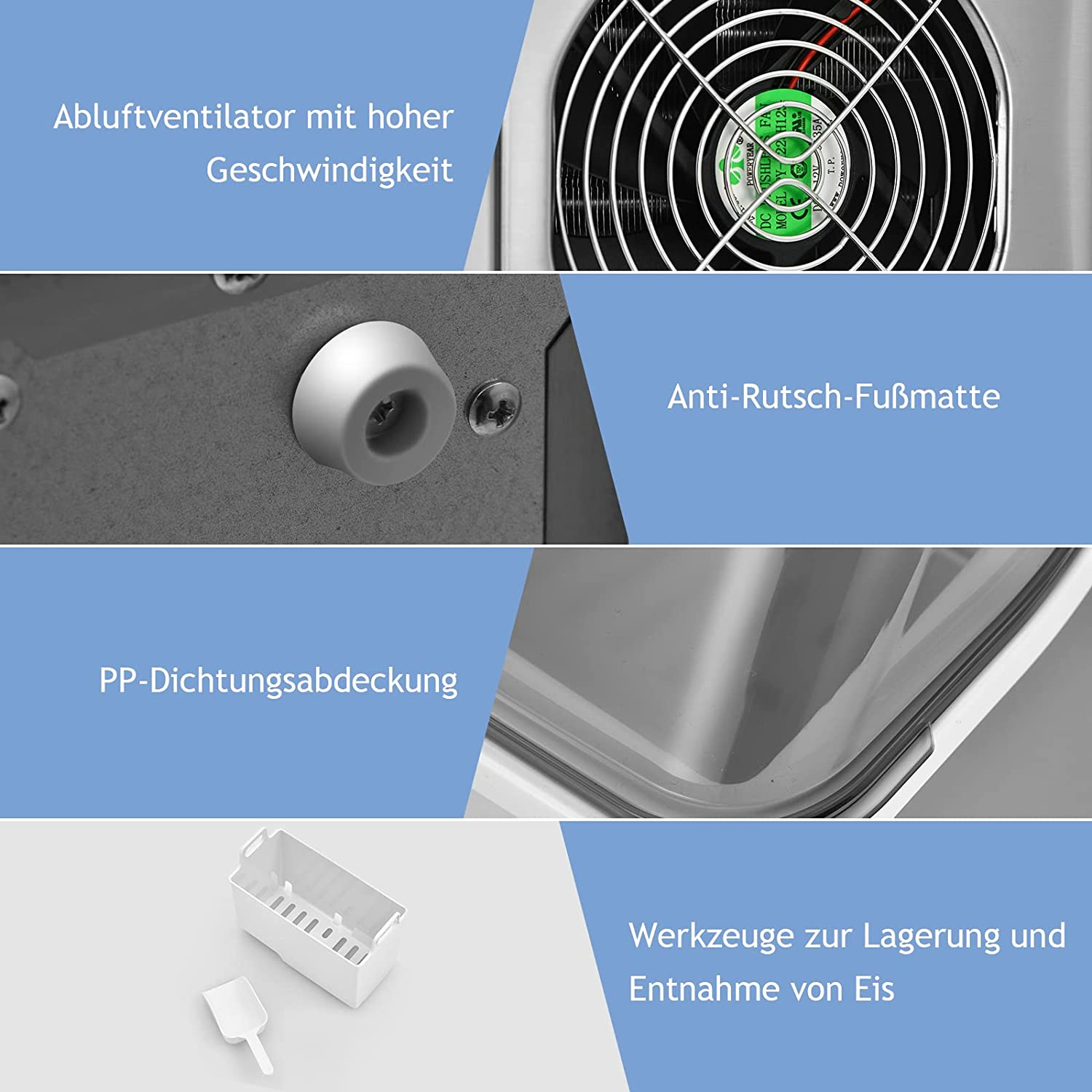 Nahaufnahme von Maschinenteilen, Lüfter, Gummistopfen und Eiswürfelschale. Text in Deutsch.