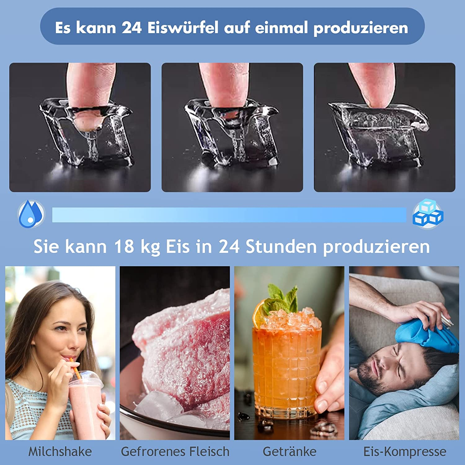 Bilder zeigen Eiswürfelherstellung, Essen, Getränke und eine Eisumschläge.