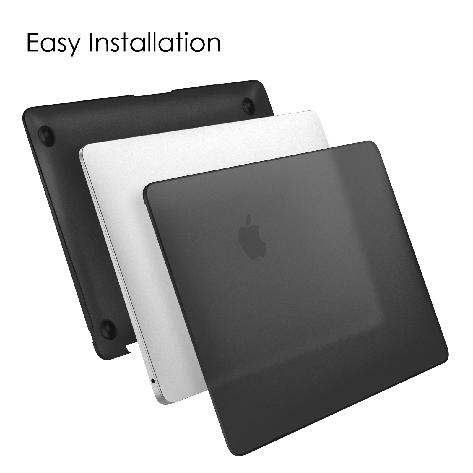 Drei Laptop-Hüllen in Schwarz, Weiß und Grau, wobei das Apple-Logo auf einer sichtbar ist.