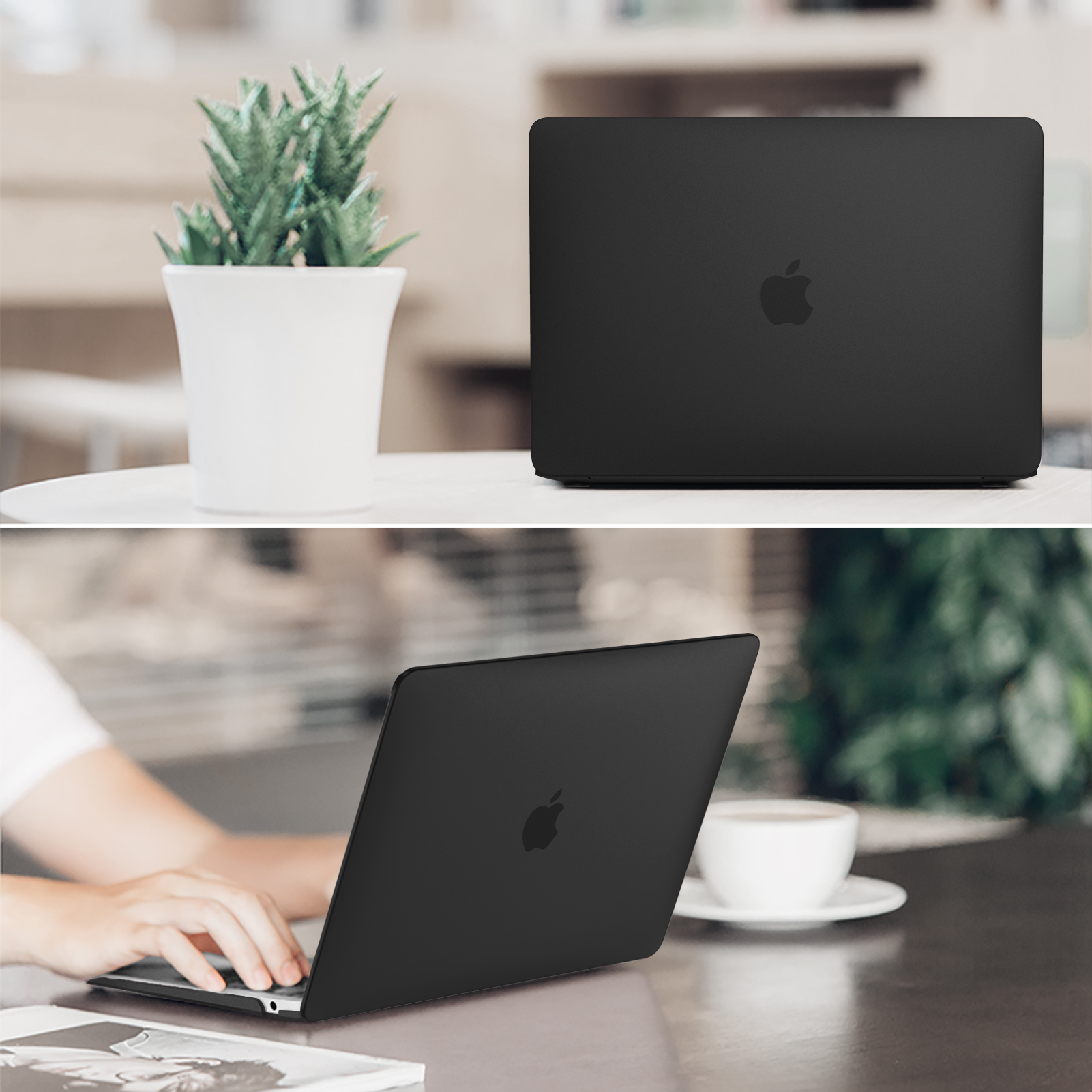 Zwei schwarze Laptops, einer offen, einer geschlossen. Weißer Tisch mit Pflanze und Kaffeetasse.