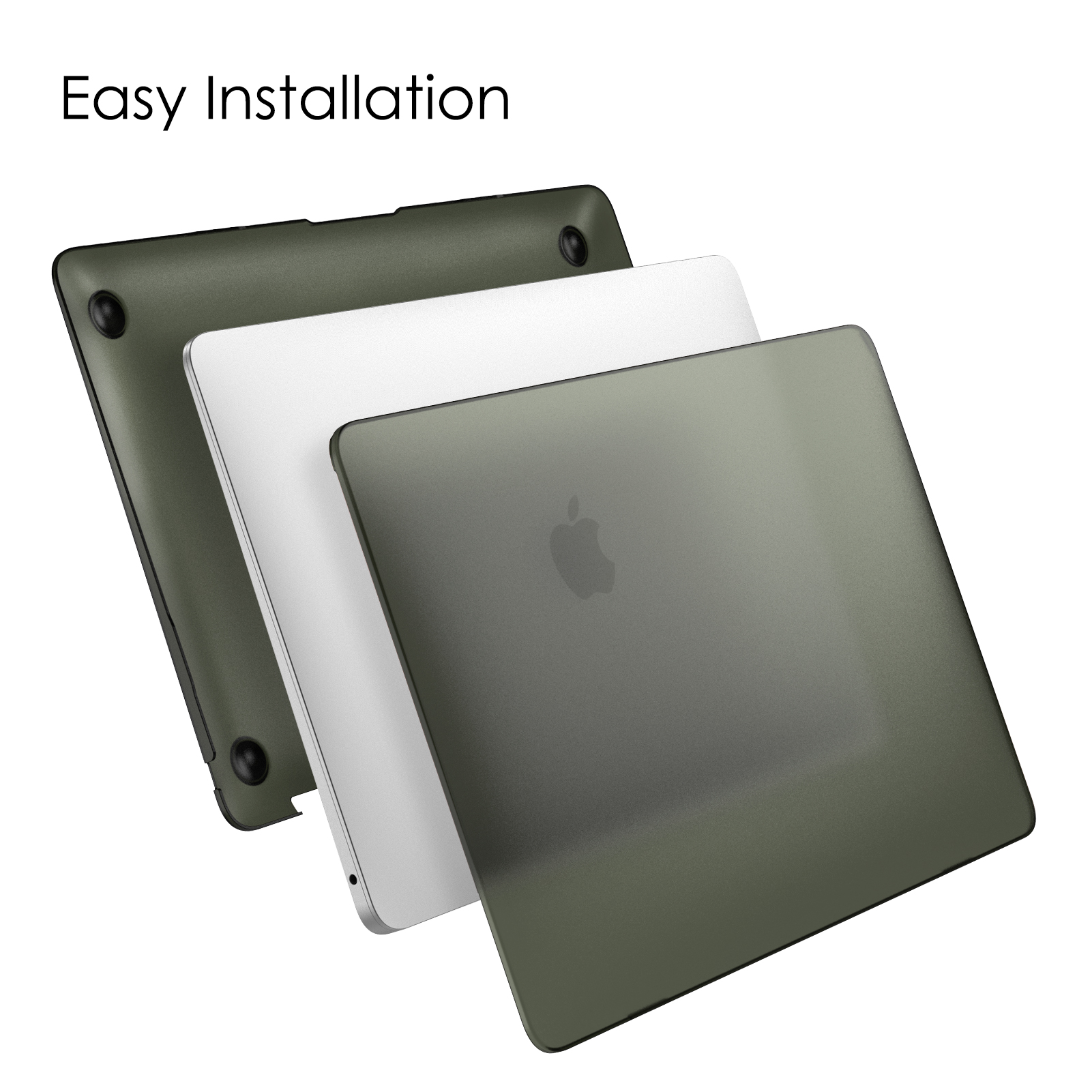 Drei Laptop-Hüllen in einer Reihe, mit Text zur einfachen Installation. Die Hüllen sind grün, weiß und grau.
