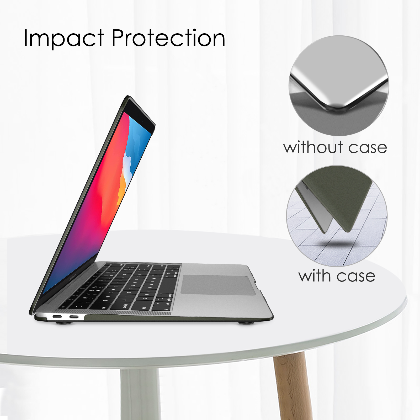 Laptop in einer Hülle, geöffnet auf einem weißen Tisch, Nahaufnahmen der Hülle.